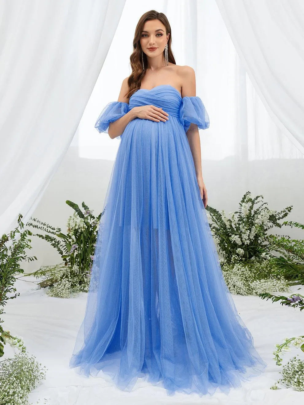 Maternity Off Shoulder Puff Sleeve Mesh Overlay Dress