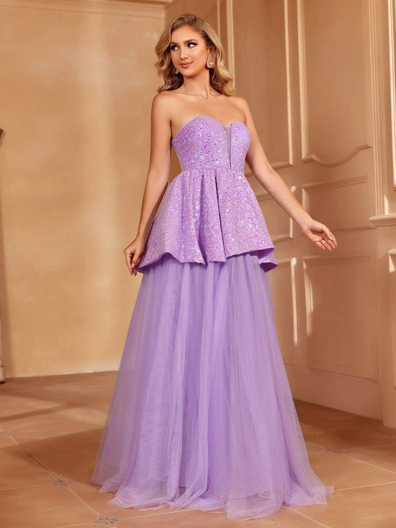 Sequin Bodice Contrast Mesh Hem Tube Prom Dress