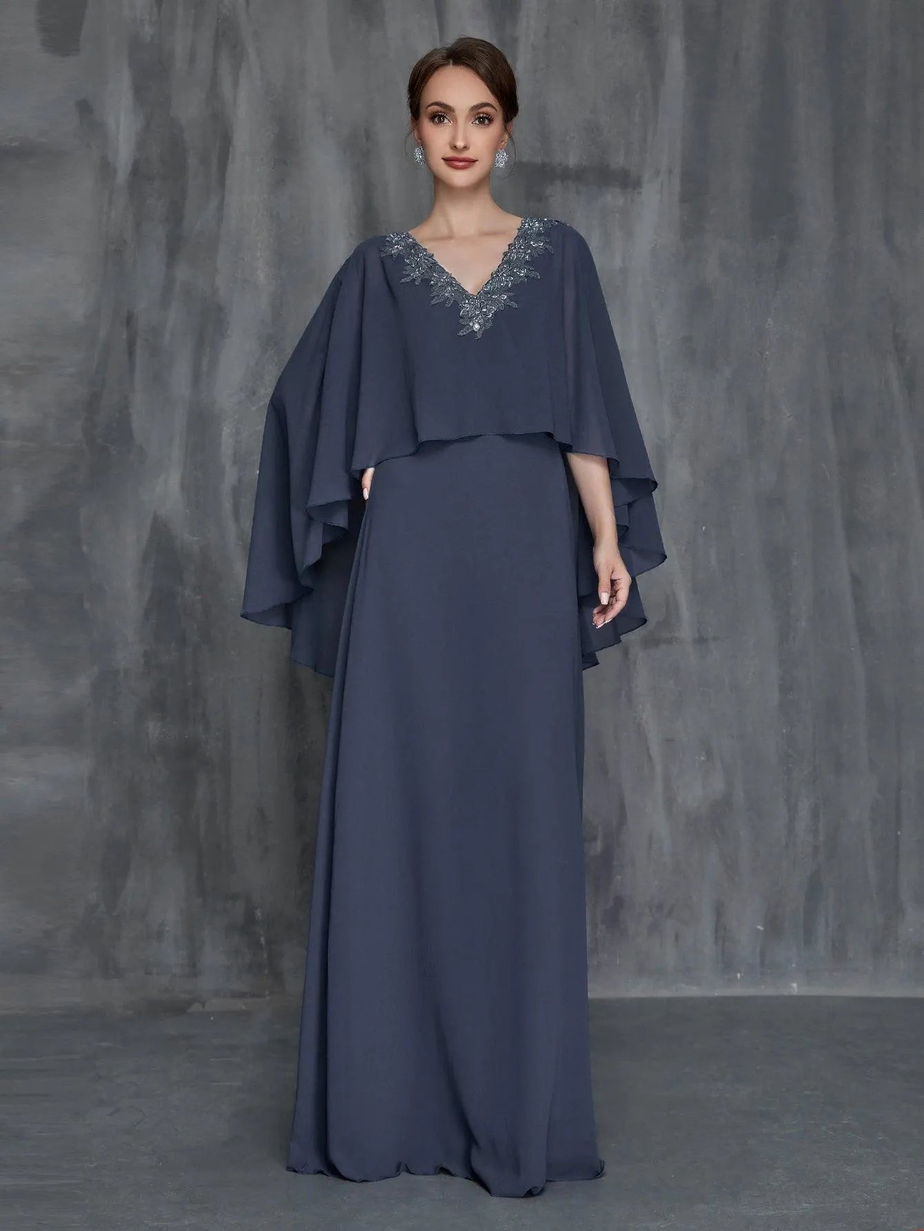 Womens' Solid Applique Detail V Neck Chiffon Cape Dress