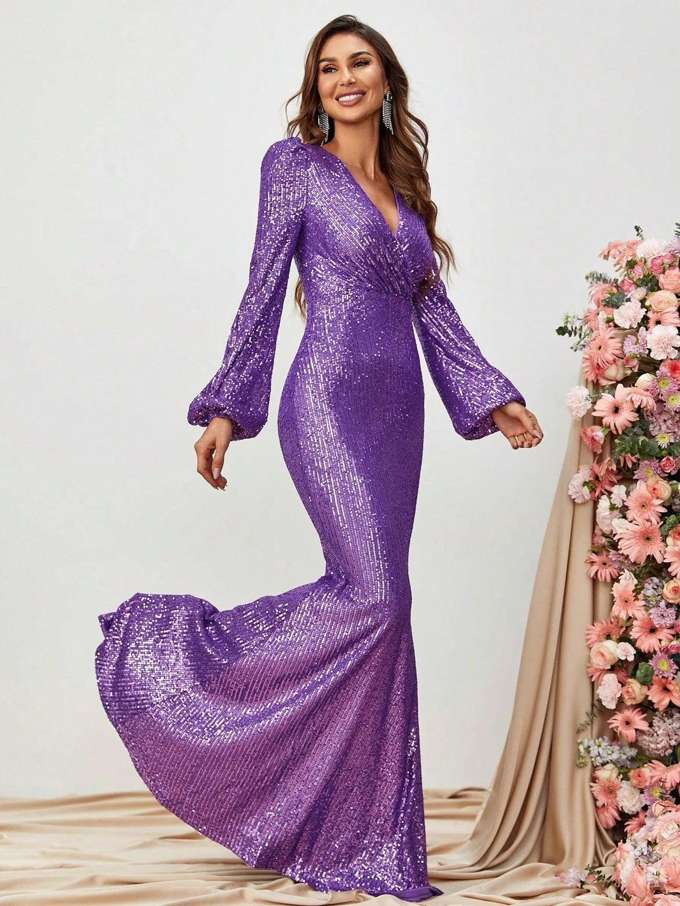 Surplice Neck Lantern Sleeves Sequin Mermaid Dress