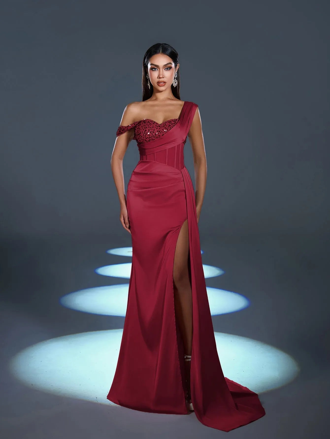 Elegant Asymmetrical Neck Split Mermaid Hem Satin Evening Dress