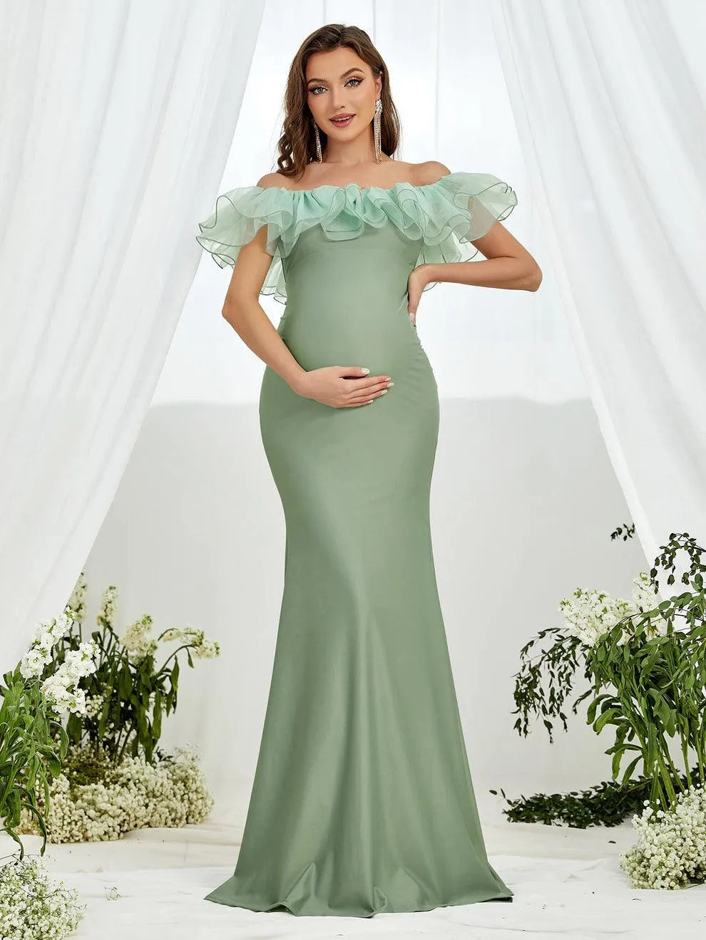 Maternity Ruffle Trim Off Shoulder Mermaid Hem Party Dress