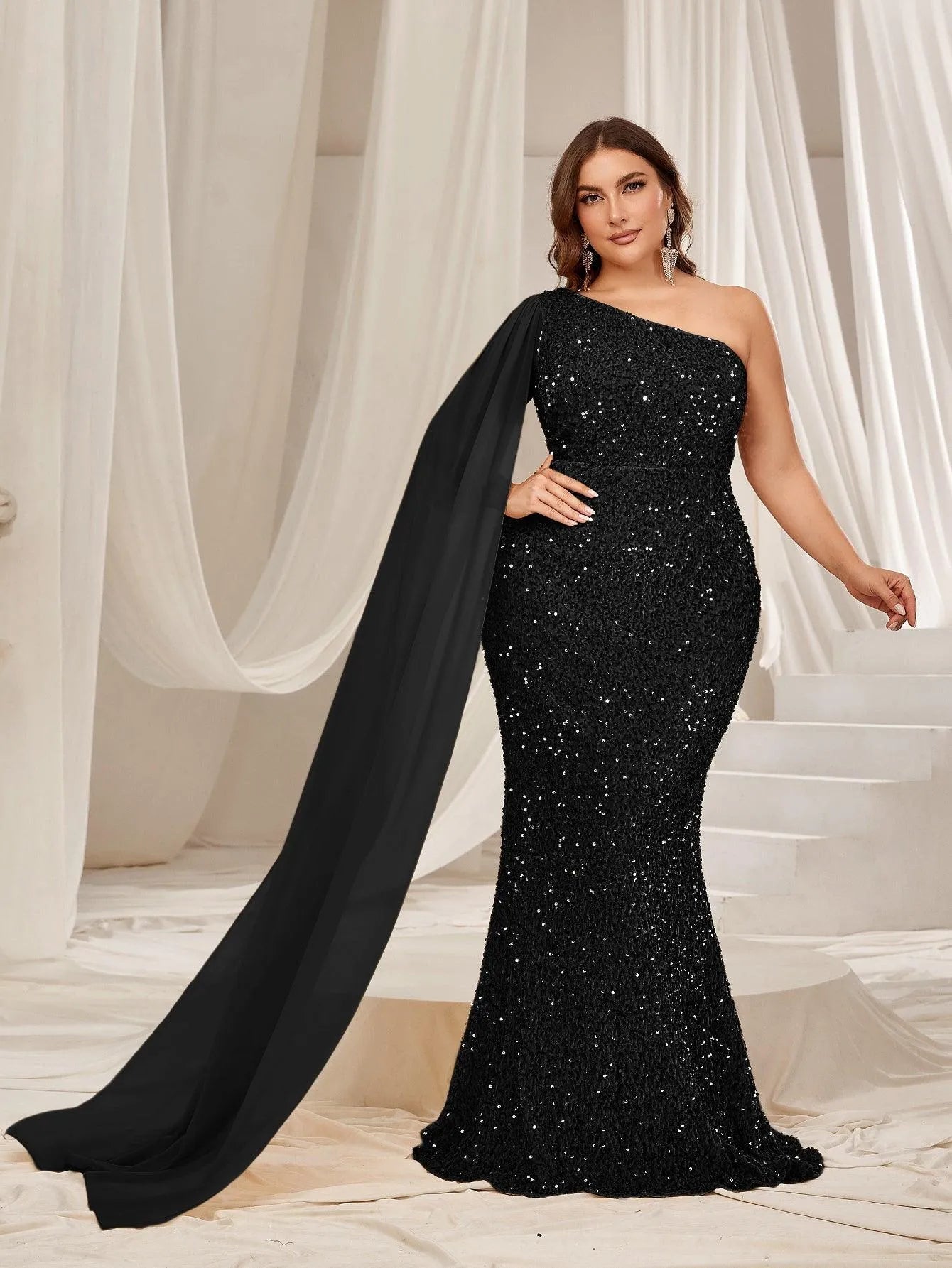 Plus One Shoulder Draped Side Sequin Mermaid Dress