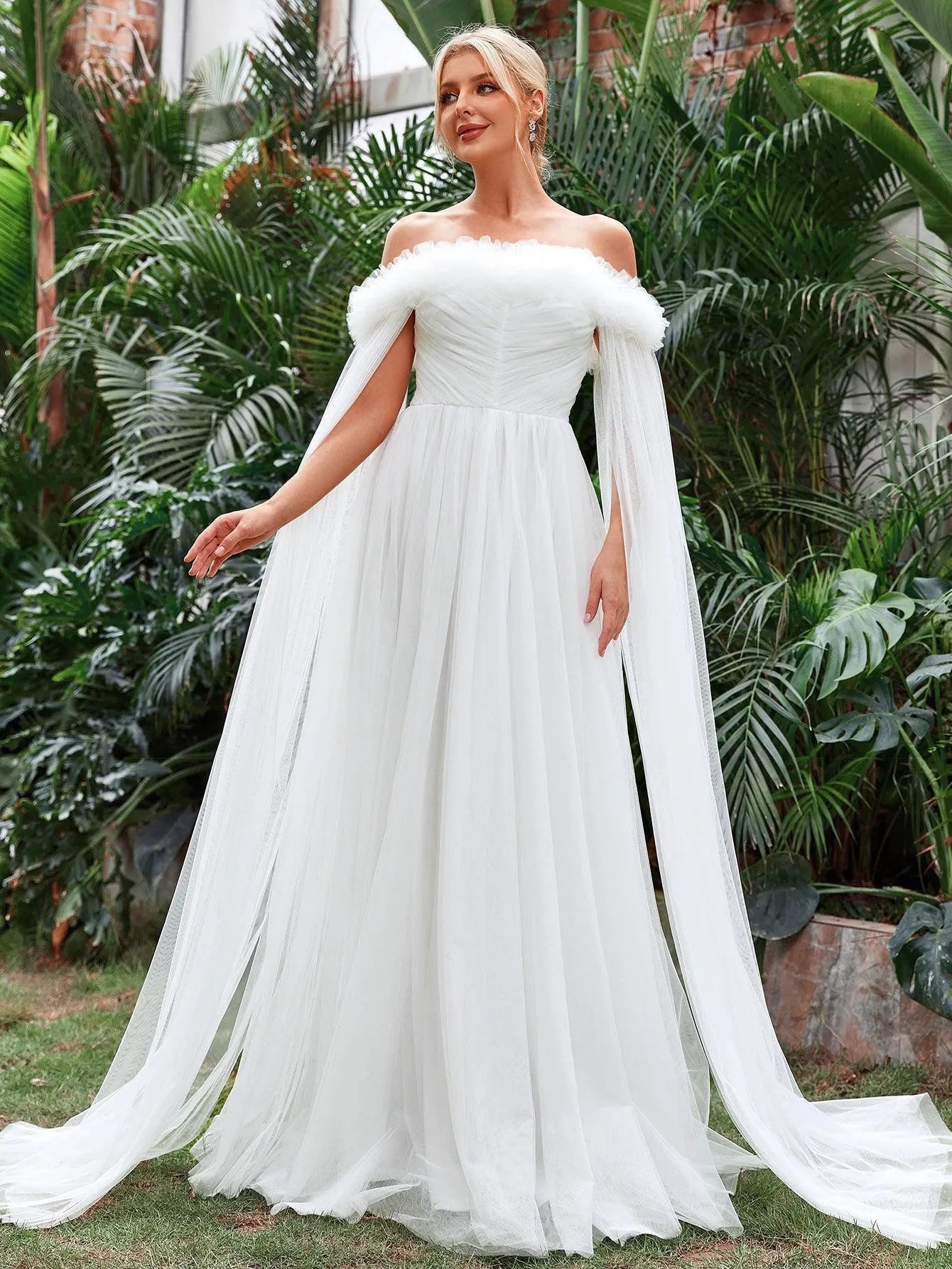 Off Shoulder Ruched Front Cloak Sleeve Mesh Wedding Dress