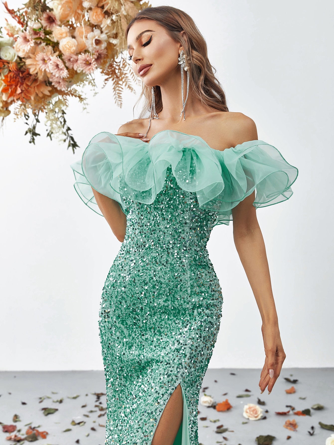 Elegant Off Shoulder Ruffle Trim Split Thigh Sequin Mermaid Dresses