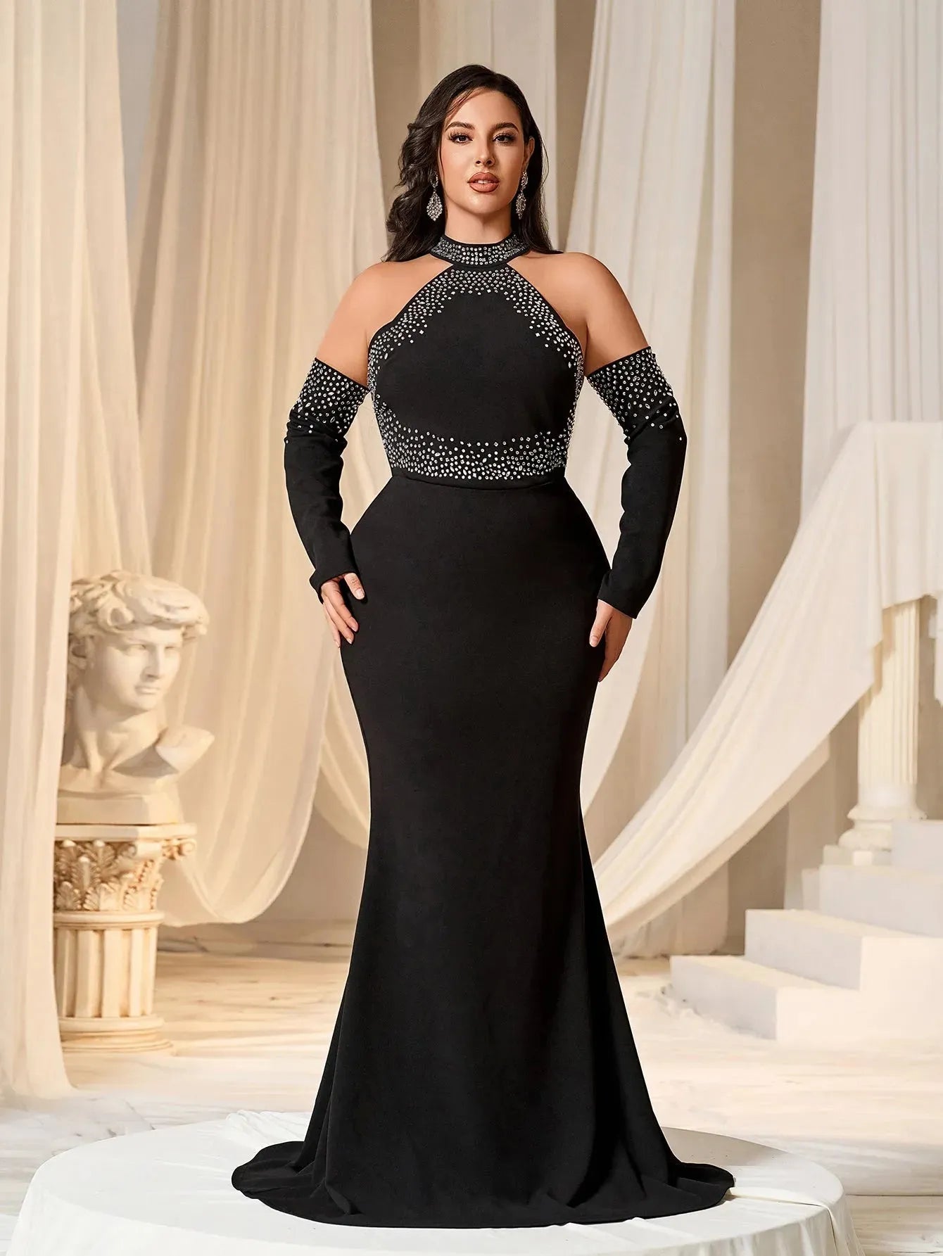 Plus Rhinestone Detail Halter Neck Mermaid Hem Evening Dress