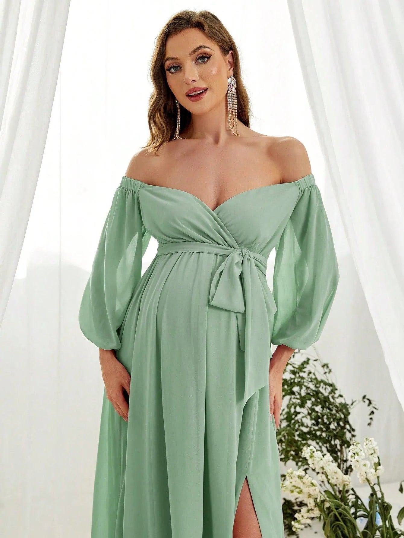 Maternity Off Shoulder Lantern Sleeve Chiffon Belted Dress