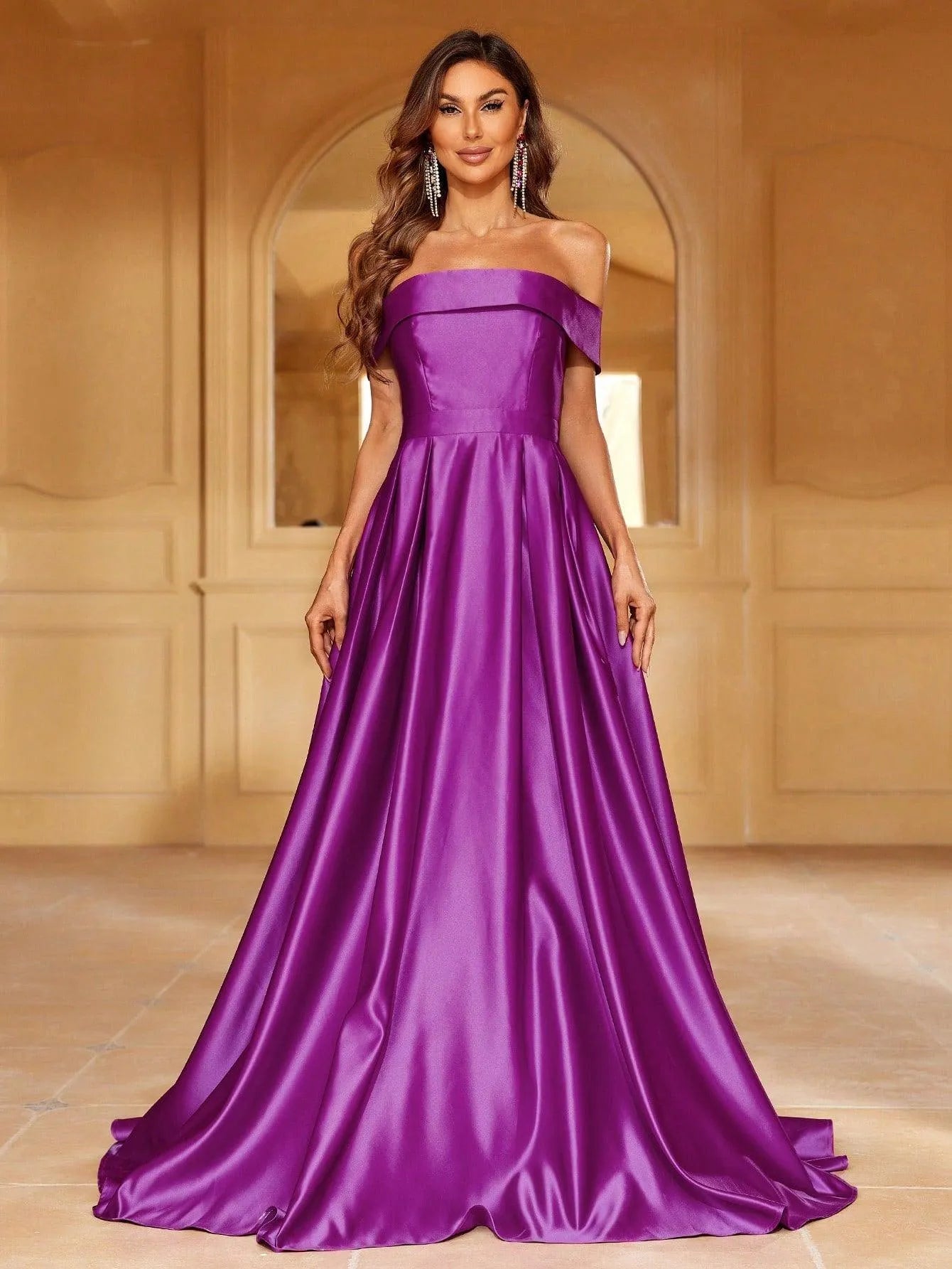 Off Shoulder Floor Length Satin A Line Dress