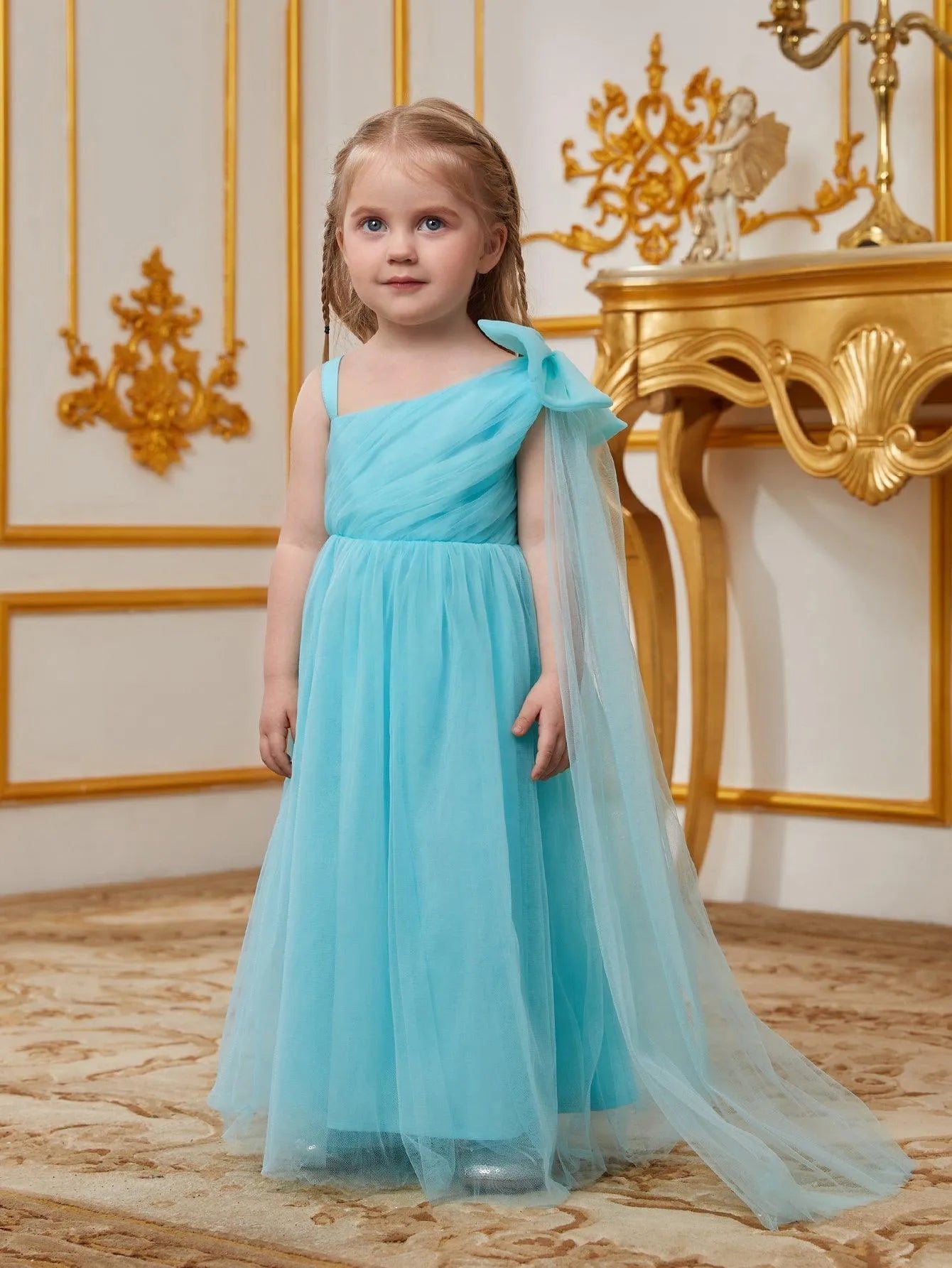 Young Girls' One Shoulder Draped Side Mesh A Line Dress With Bow