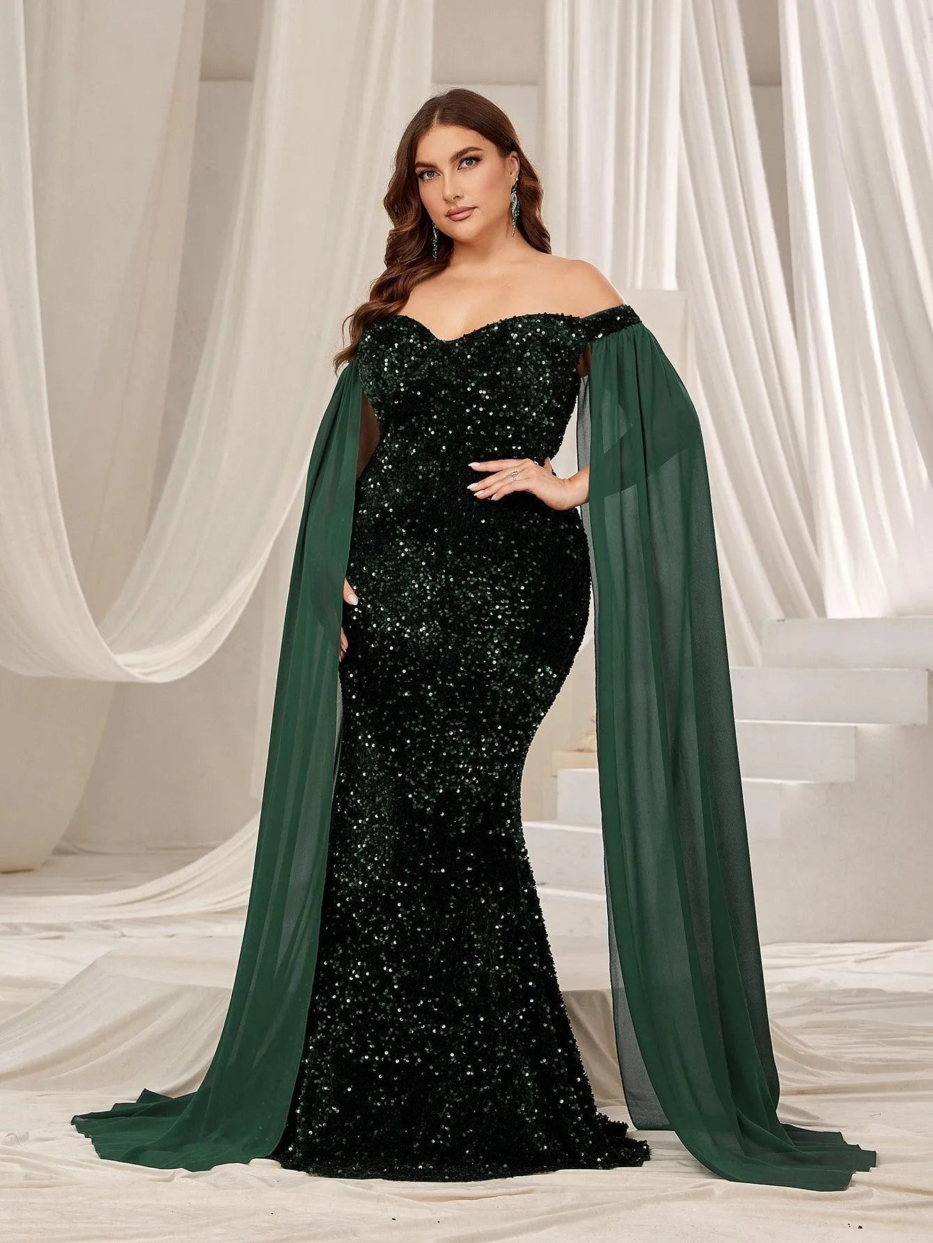 Plus Off Shoulder Extra-Long Sleeve Sequin Mermaid Dress