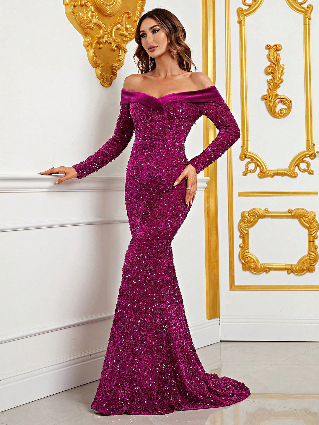 Elegant Off Shoulder Long Sleeve Sequin Mermaid Dresses