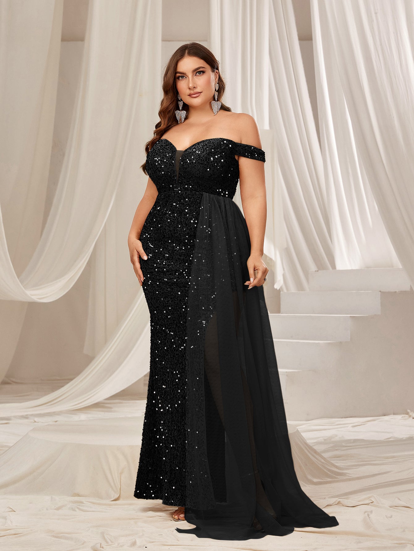 Plus Off Shoulder Split Thigh Sequin Formal Party Dress