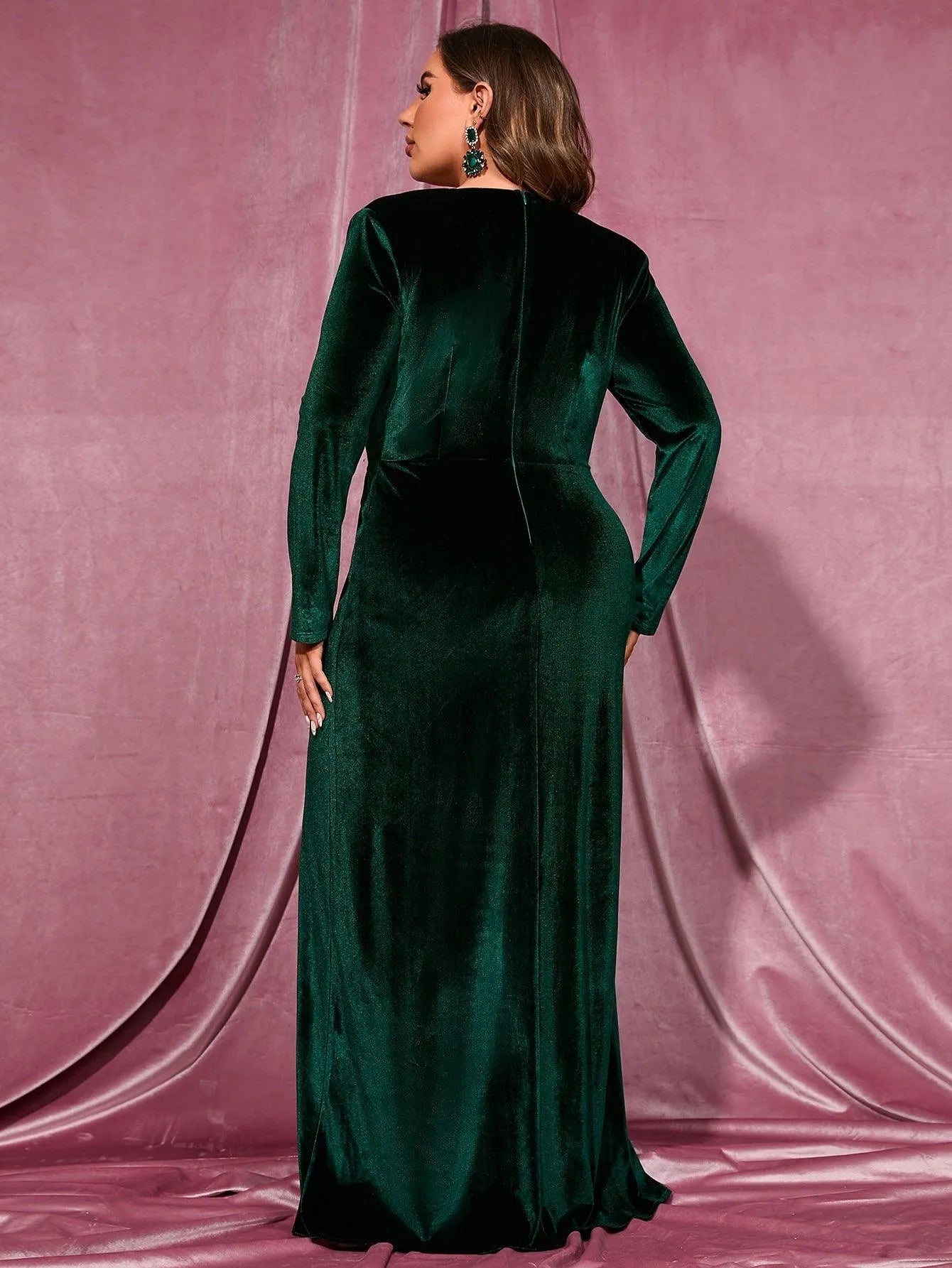 Plus Elegant V Neck Long Sleeve Velvet Slit Dress