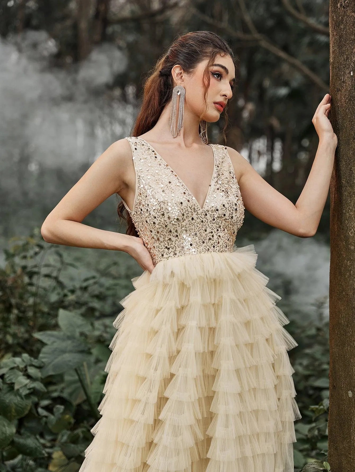 Gorgeous Plunging Neck Cascading Ruffle Hem Sequin Prom Dress