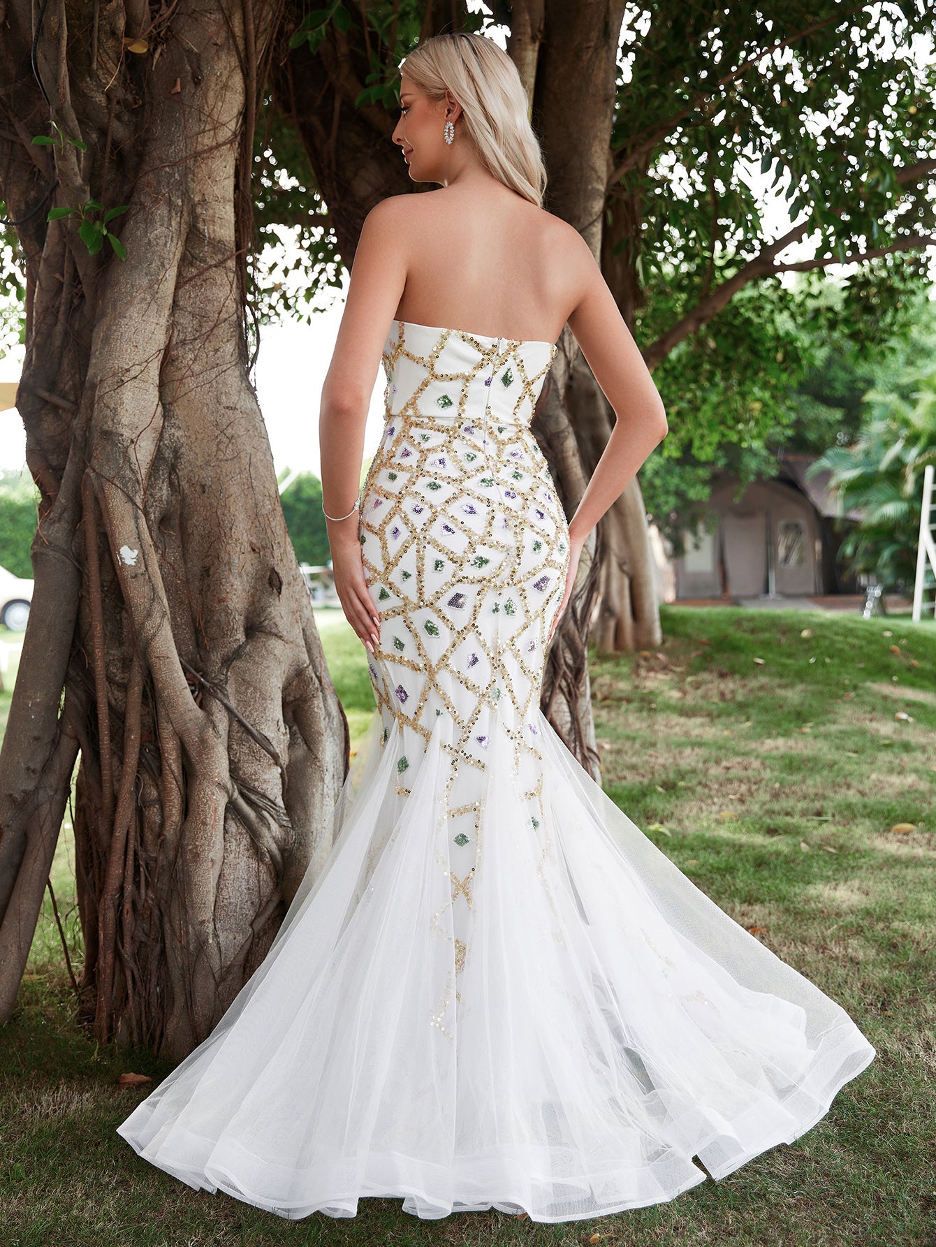 Mesh Insert Mermaid Hem Sequin Tube Wedding Dress