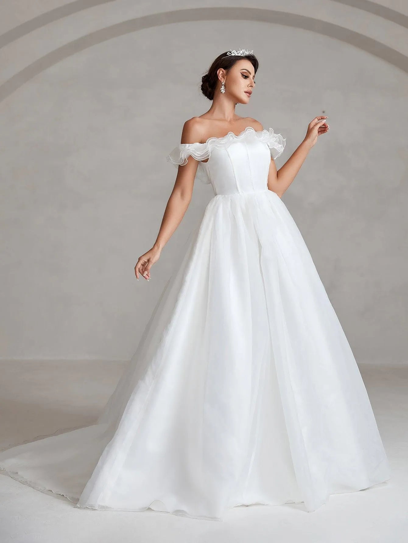 Off Shoulder Satin Bodice Contrast Organza Wedding Dress