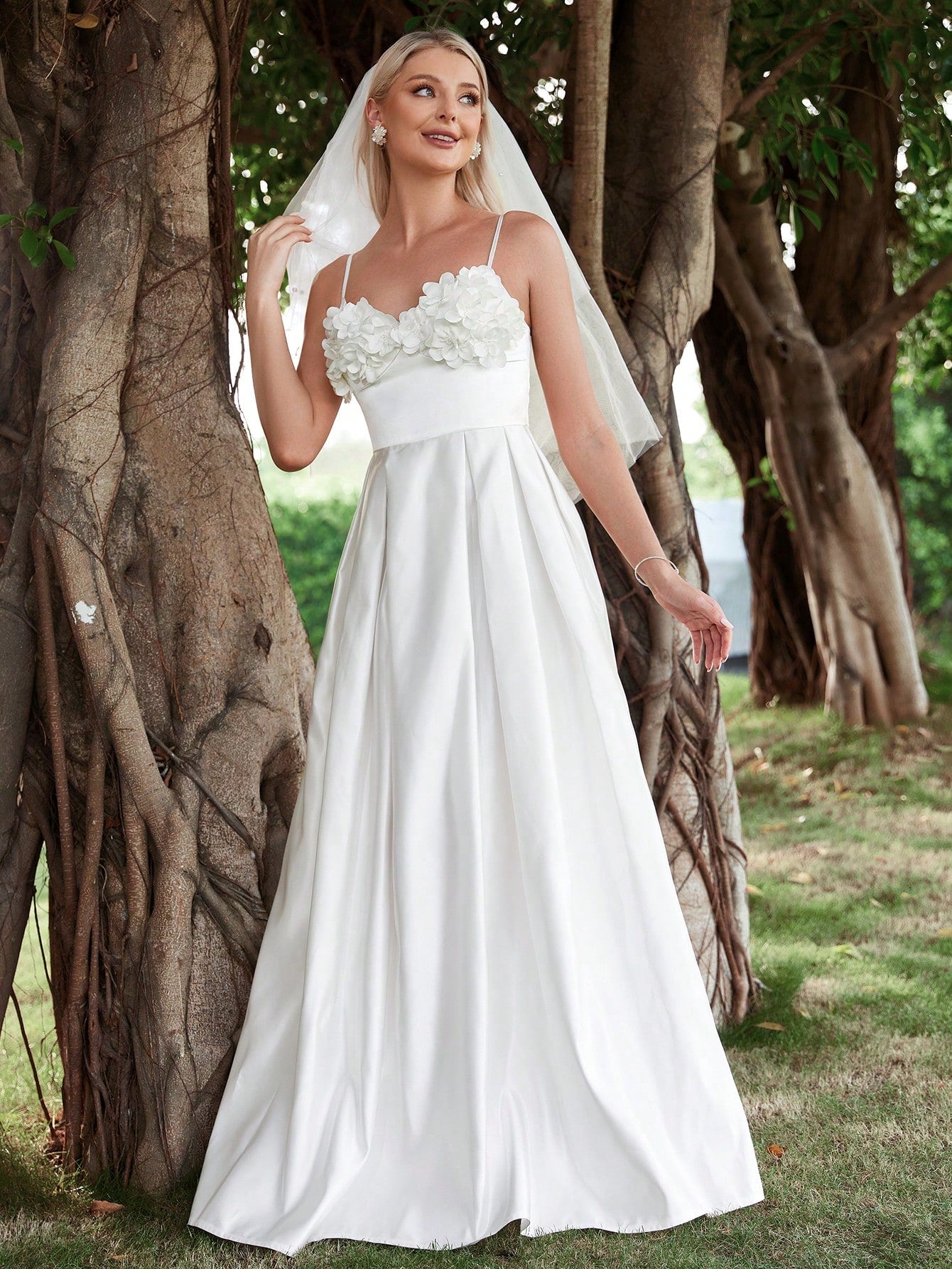 Floral Applique Satin Cami Wedding Dress