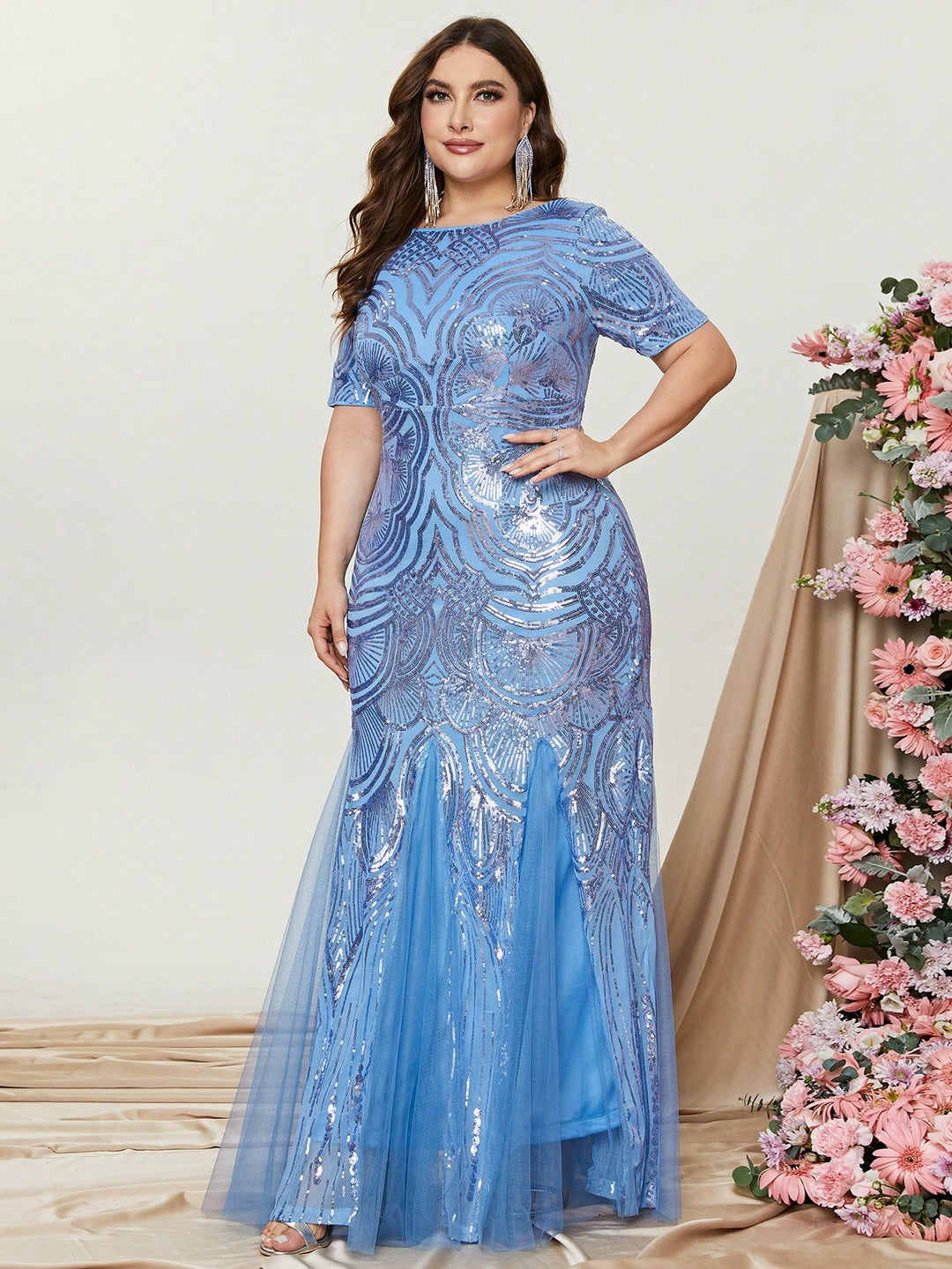 Plus Size Formal Dress Round Neck Short Sleeve Mermaid Evening Gown