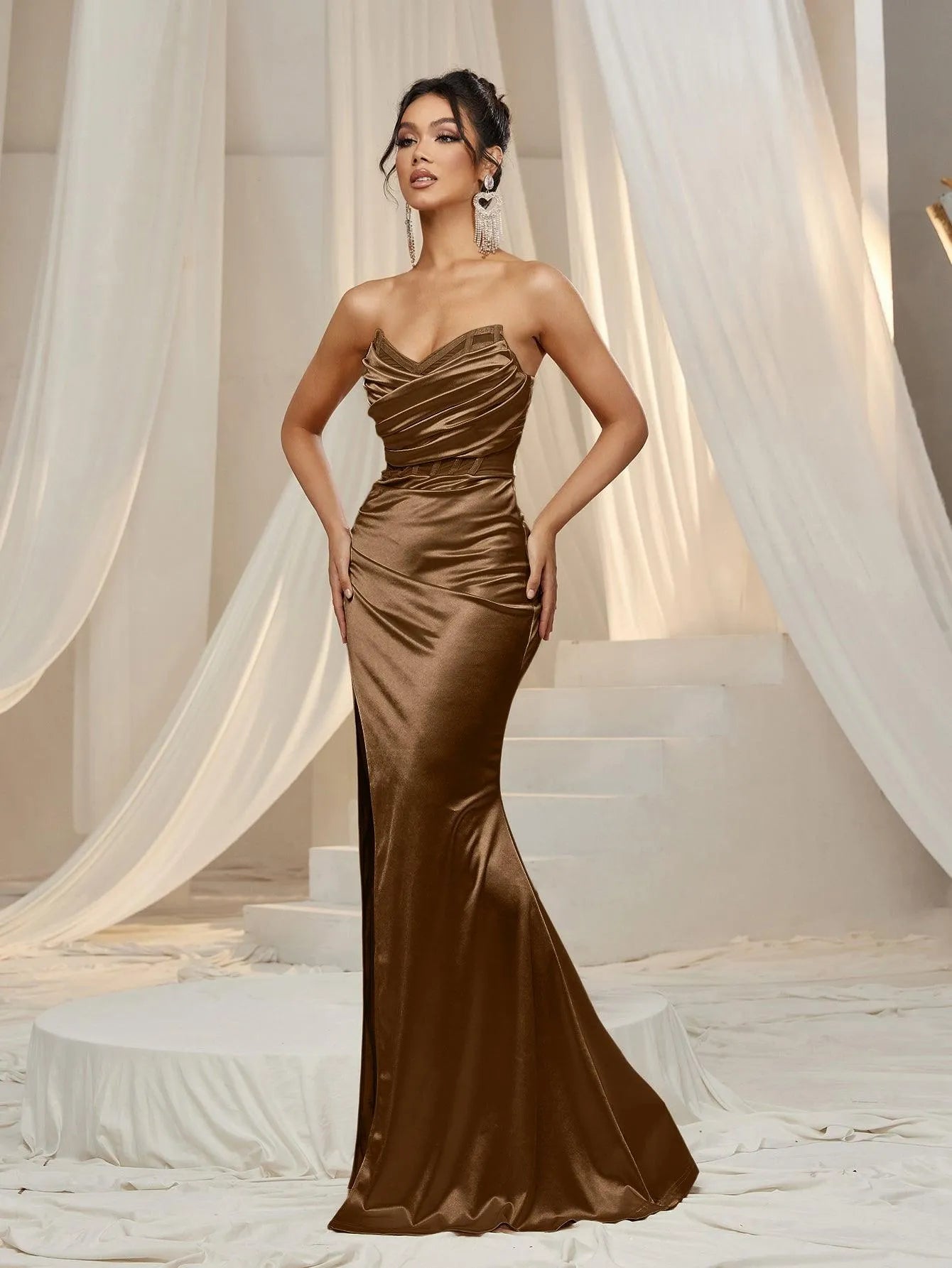 Ruched Wrap Mermaid Hem Satin Party Tube Dress