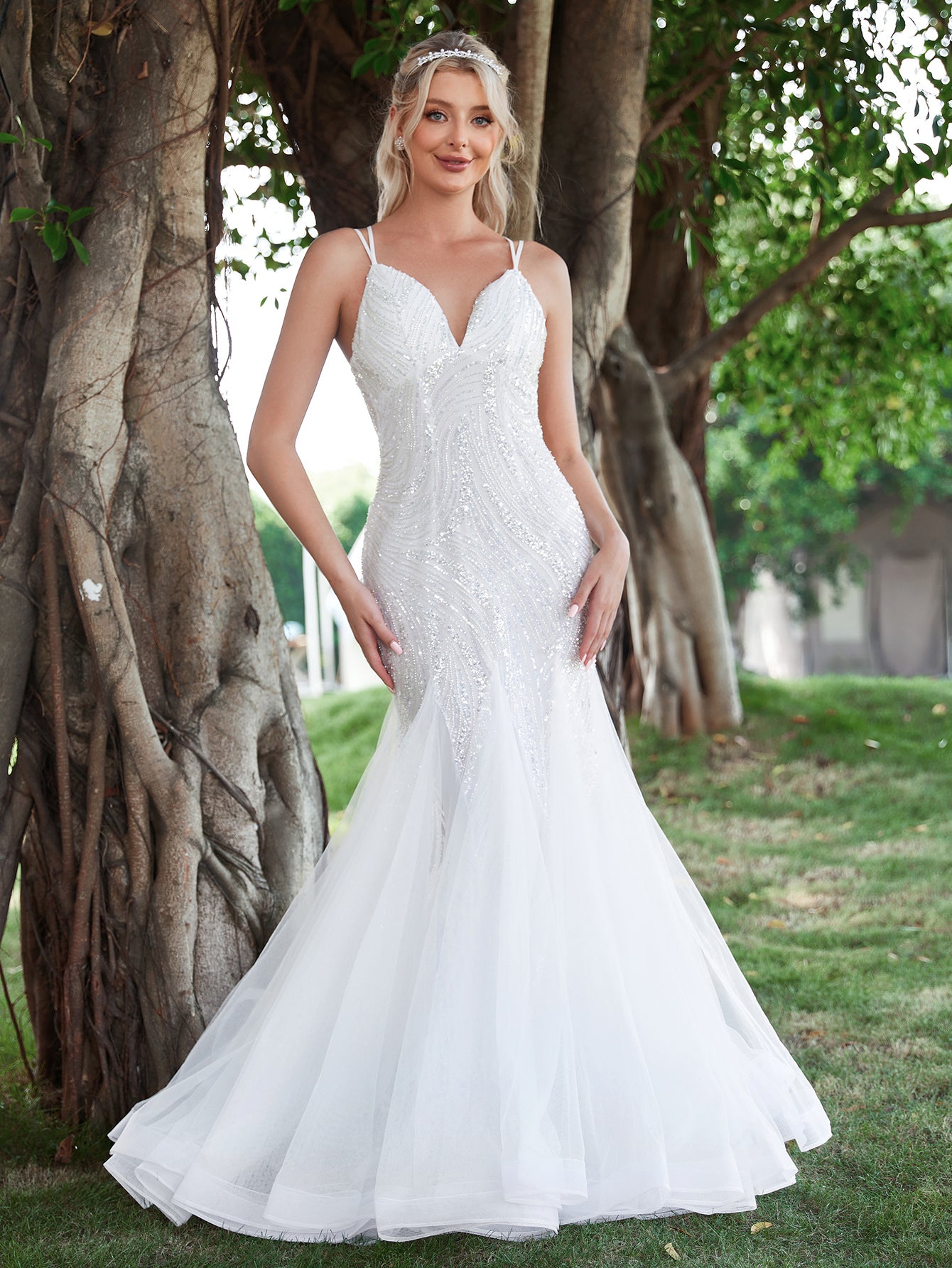 Mesh Insert Mermaid Hem Lace Up Backless Sequin Wedding Dresses