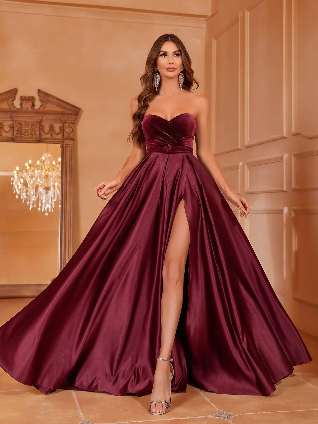 Velvet Bodice Contrast Satin Hem Tube Prom Dress