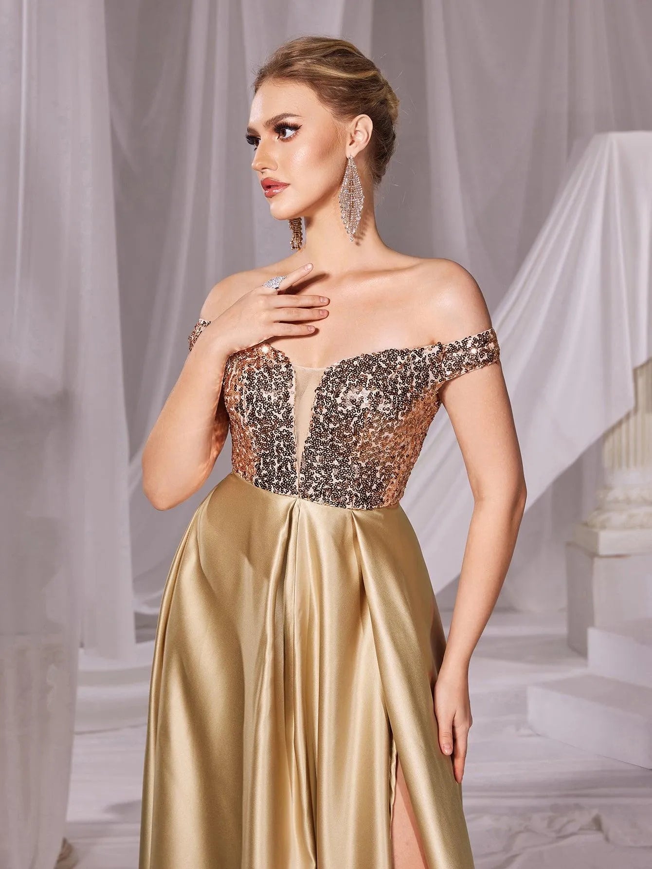 Off Shoulder Contrast Sequin Satin Prom Dress