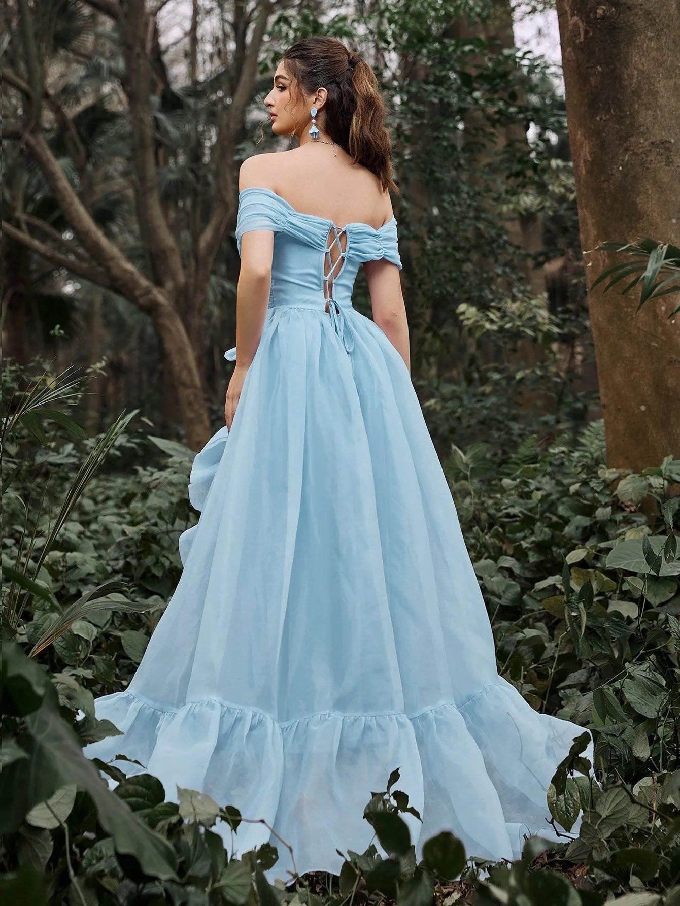 Off Shoulder Ruffle Trim Split Thigh Organza Prom Dress