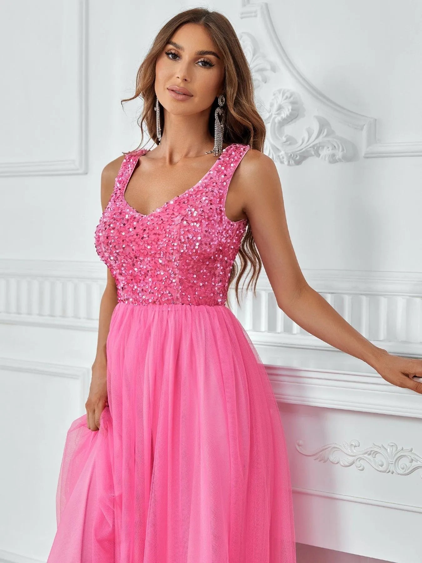 Sleeveless Sequin Bodice Contrast Mesh Hem Party Dress