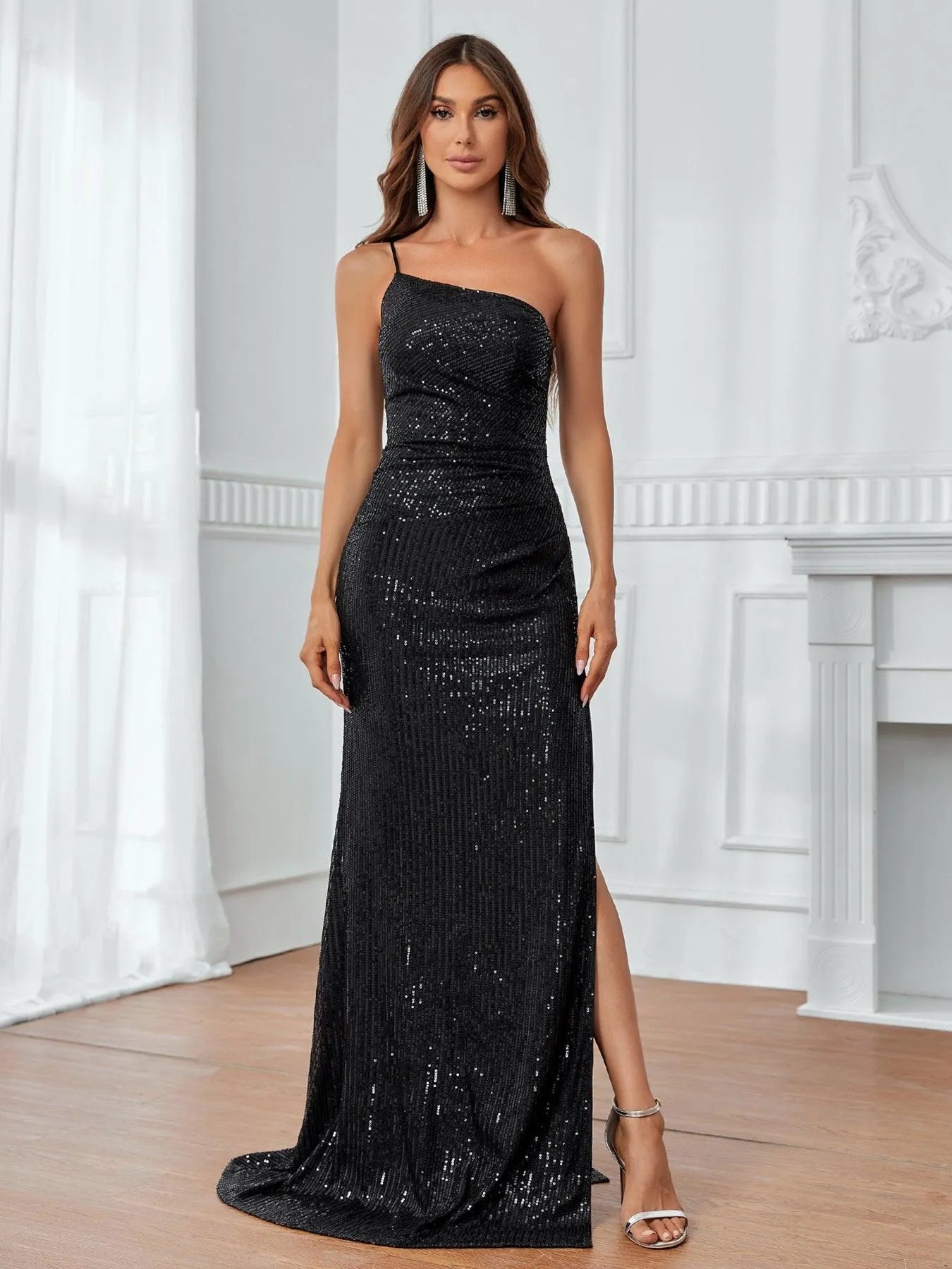 One Shoulder Split Thigh Sequin Party Dress