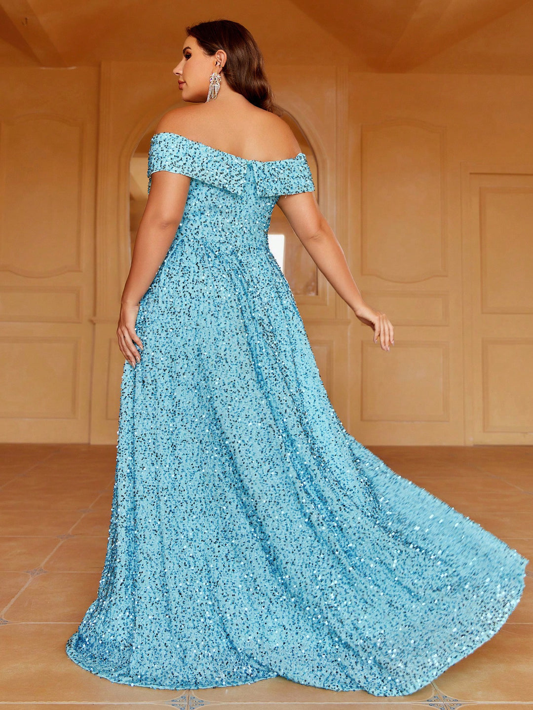 Plus Size Off Shoulder Sequin A Line Dress