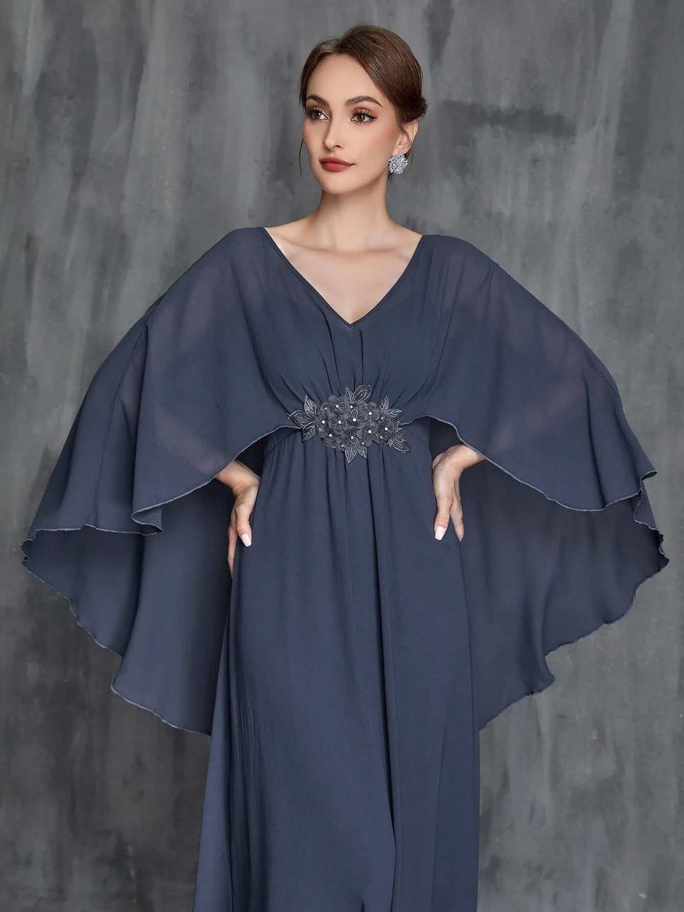 Womens' Applique Detail V Neck Chiffon Cape Dress