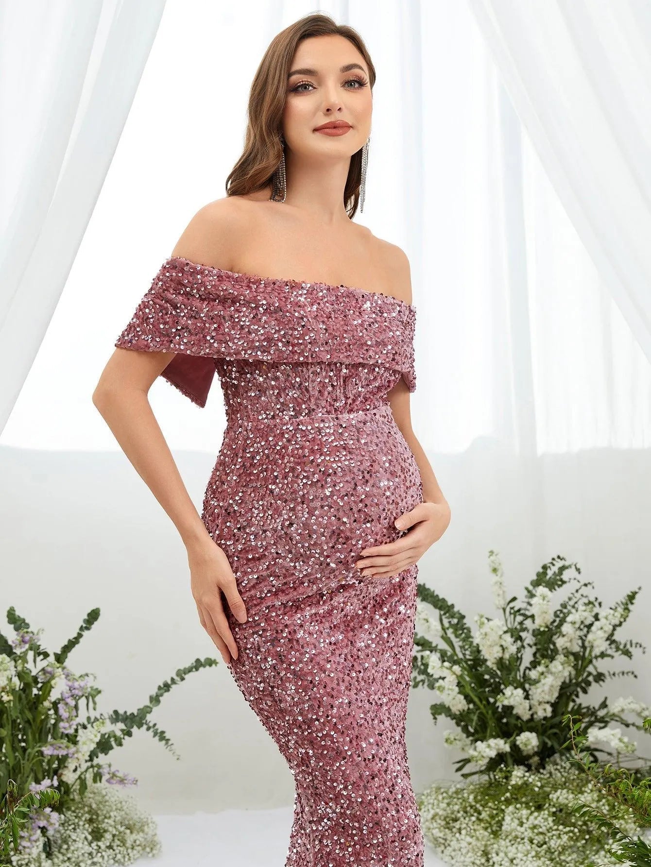 Maternity Off Shoulder Sequin Mermaid Dress