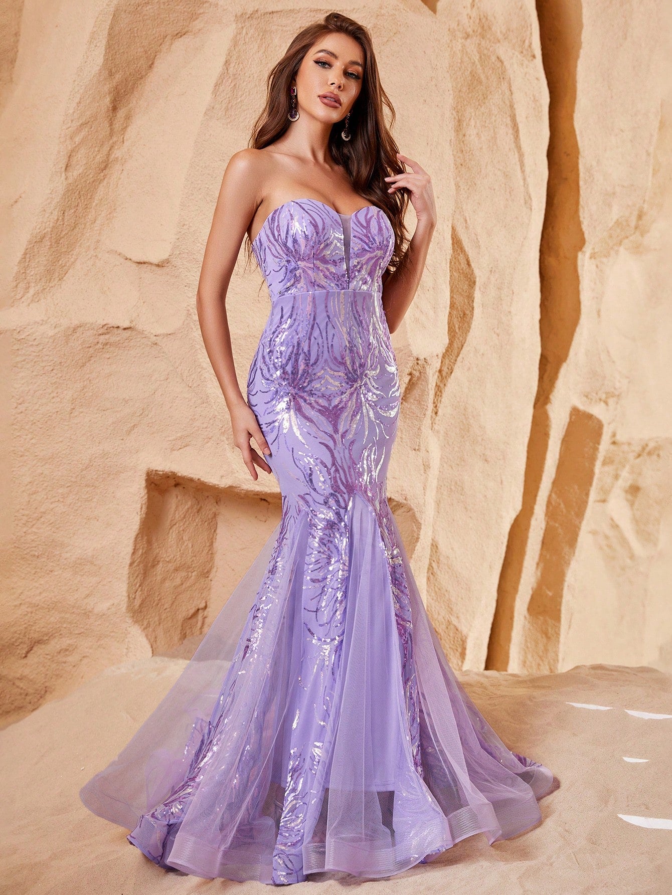 Elegant Tube Mesh Insert Sequin Mermaid Maxi Dress