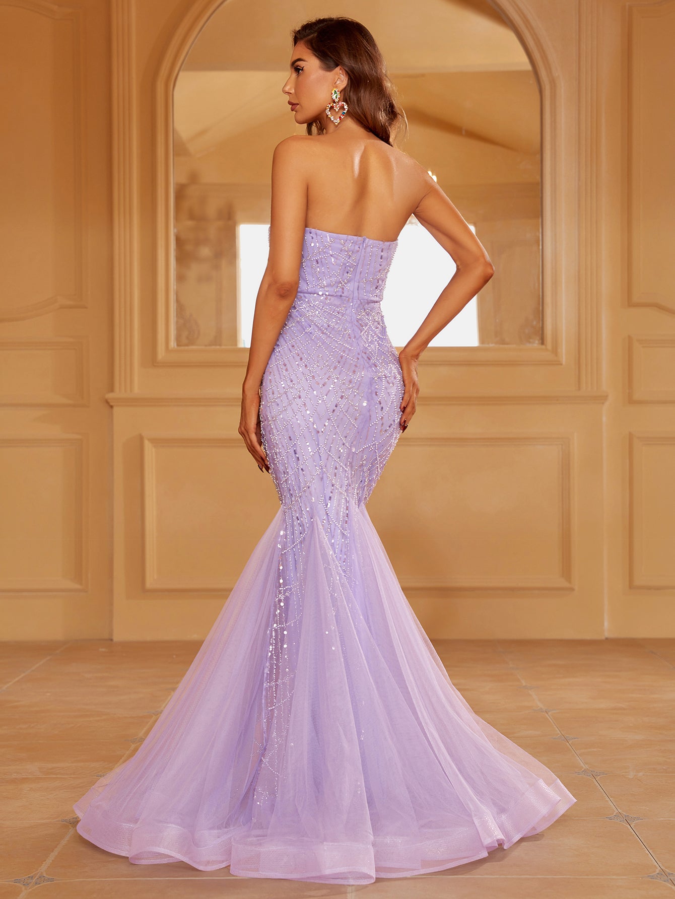 Mesh Insert Sequin Mermaid Hem Tube Dress