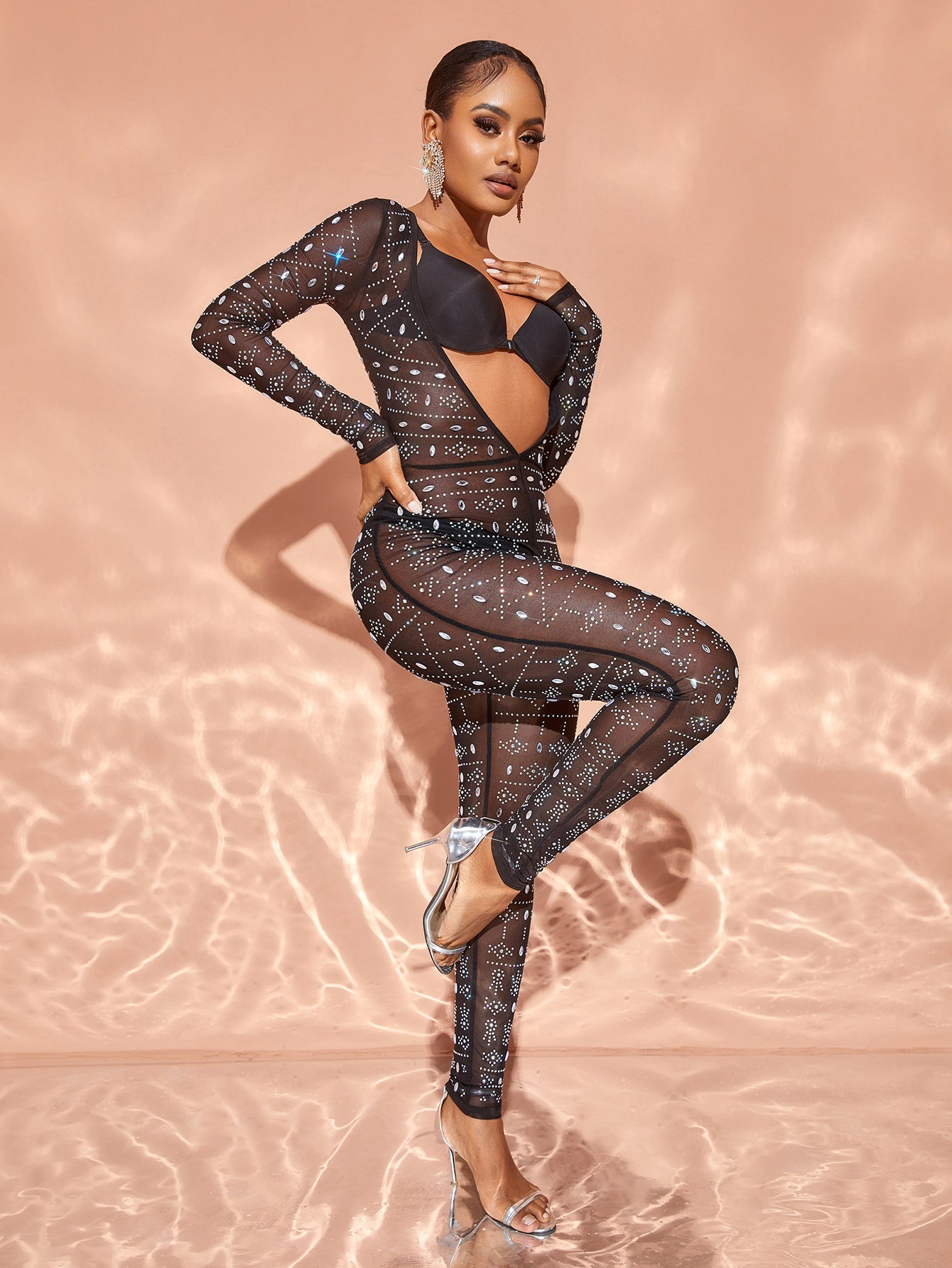 Rhinestone Detail Plunging Neck Sheer Mesh Jumpsuit