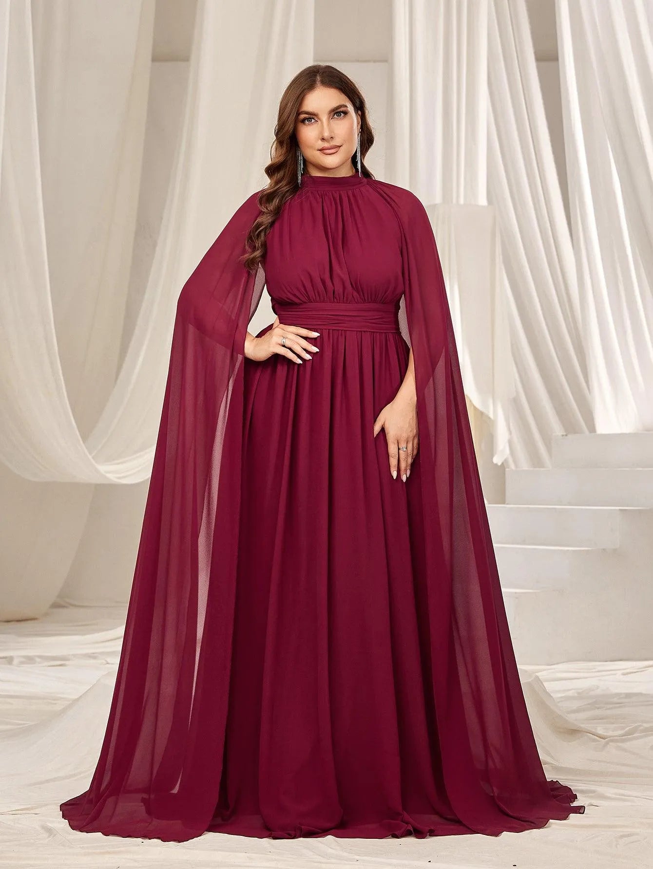 Plus Mock Neck Cloak Sleeves Chiffon Formal Cape Dress