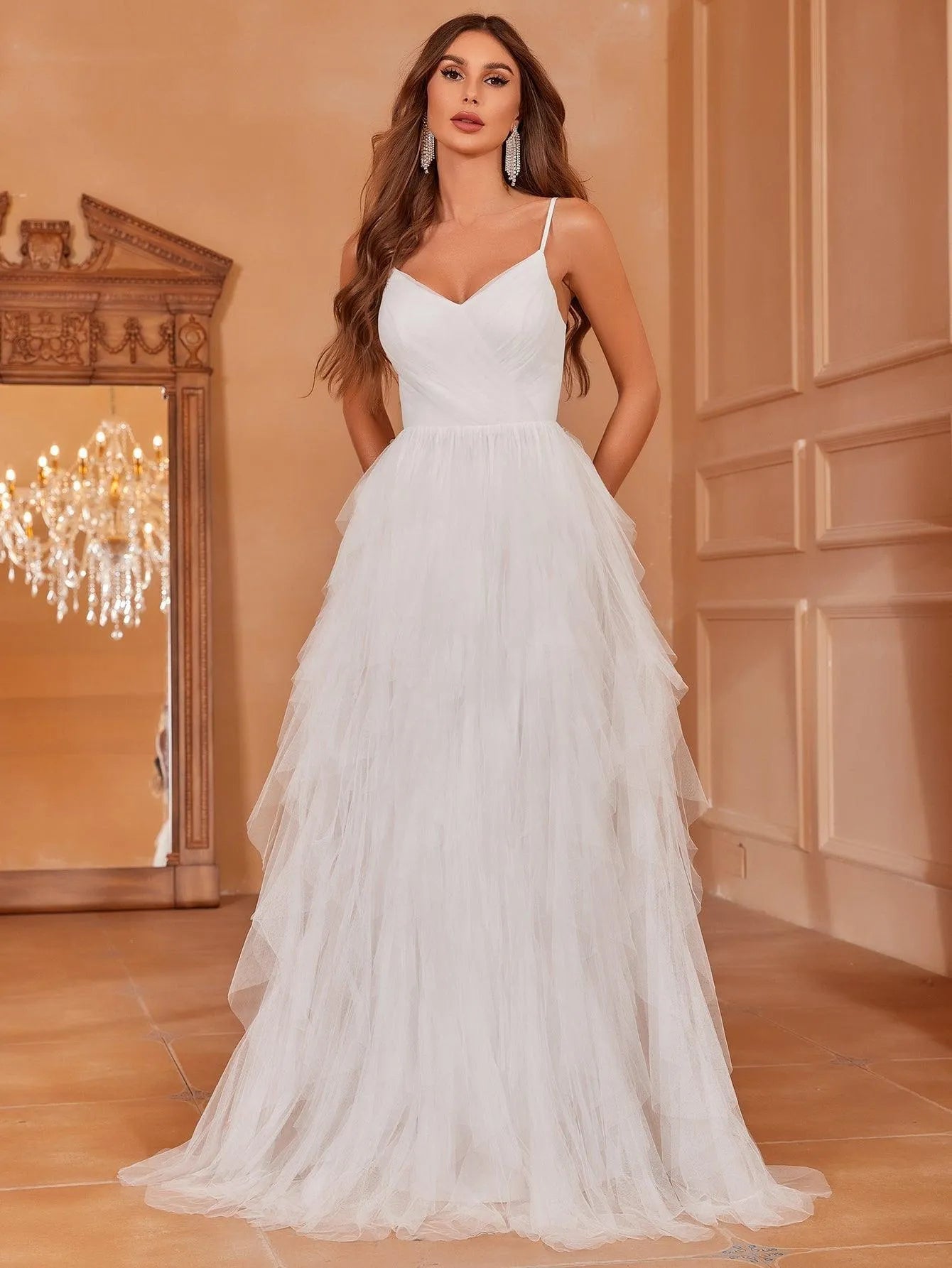 Elegant V Neck Mesh Overlay Cami Wedding Dress