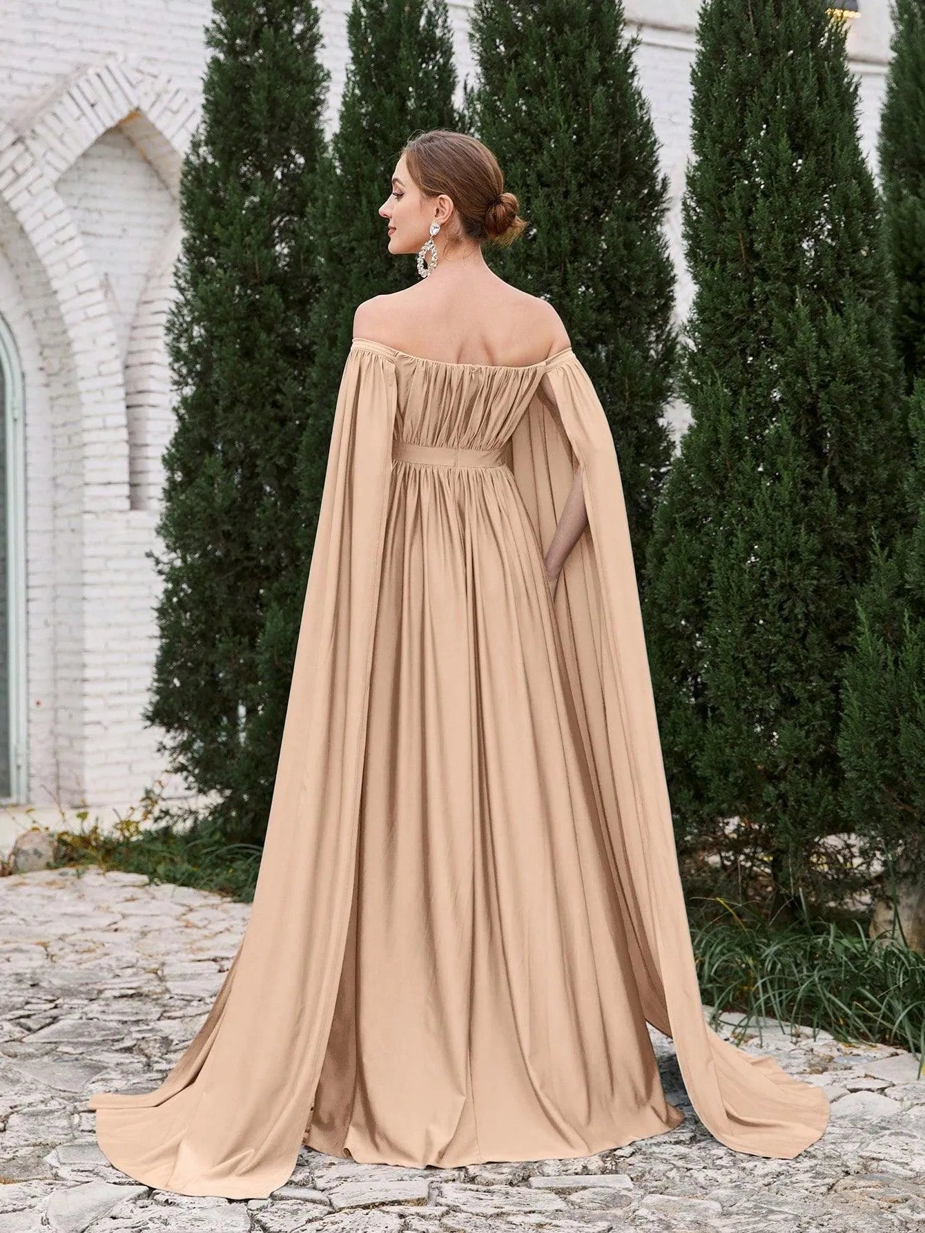 Maternity Off Shoulder Cape Sleeves Maxi Prom Dress