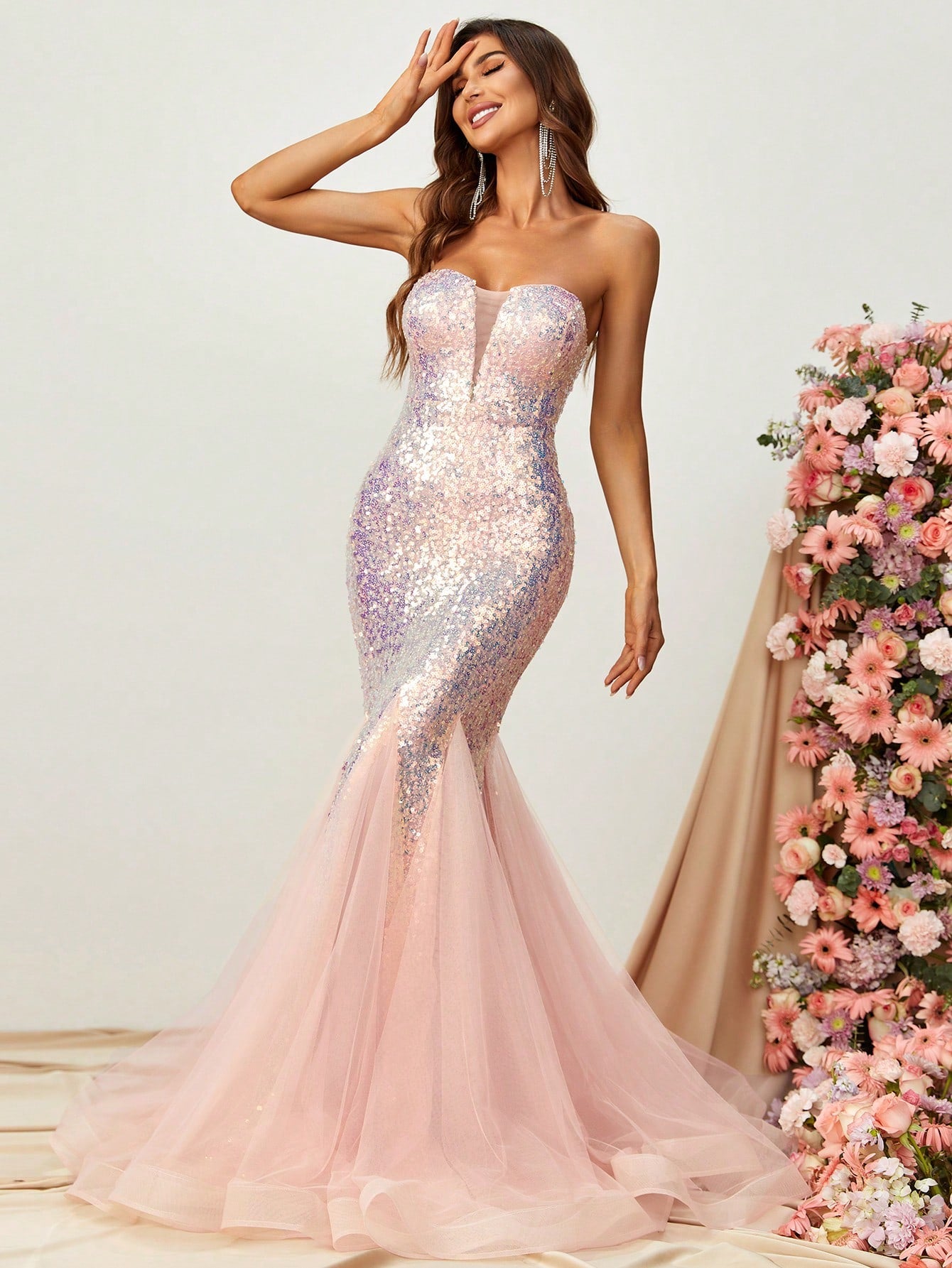 Tube Sleeveless Mesh Insert Sequin Mermaid Dress