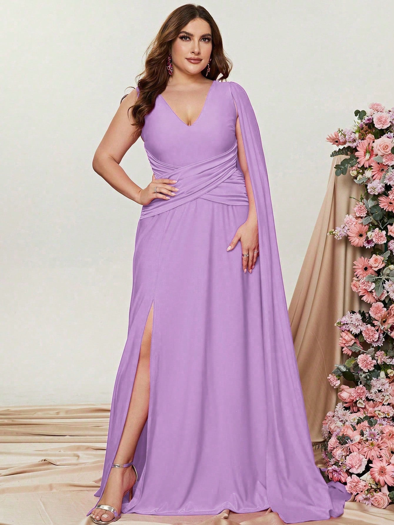 Plus Violet Ruched Draped Side  A Line Dresses