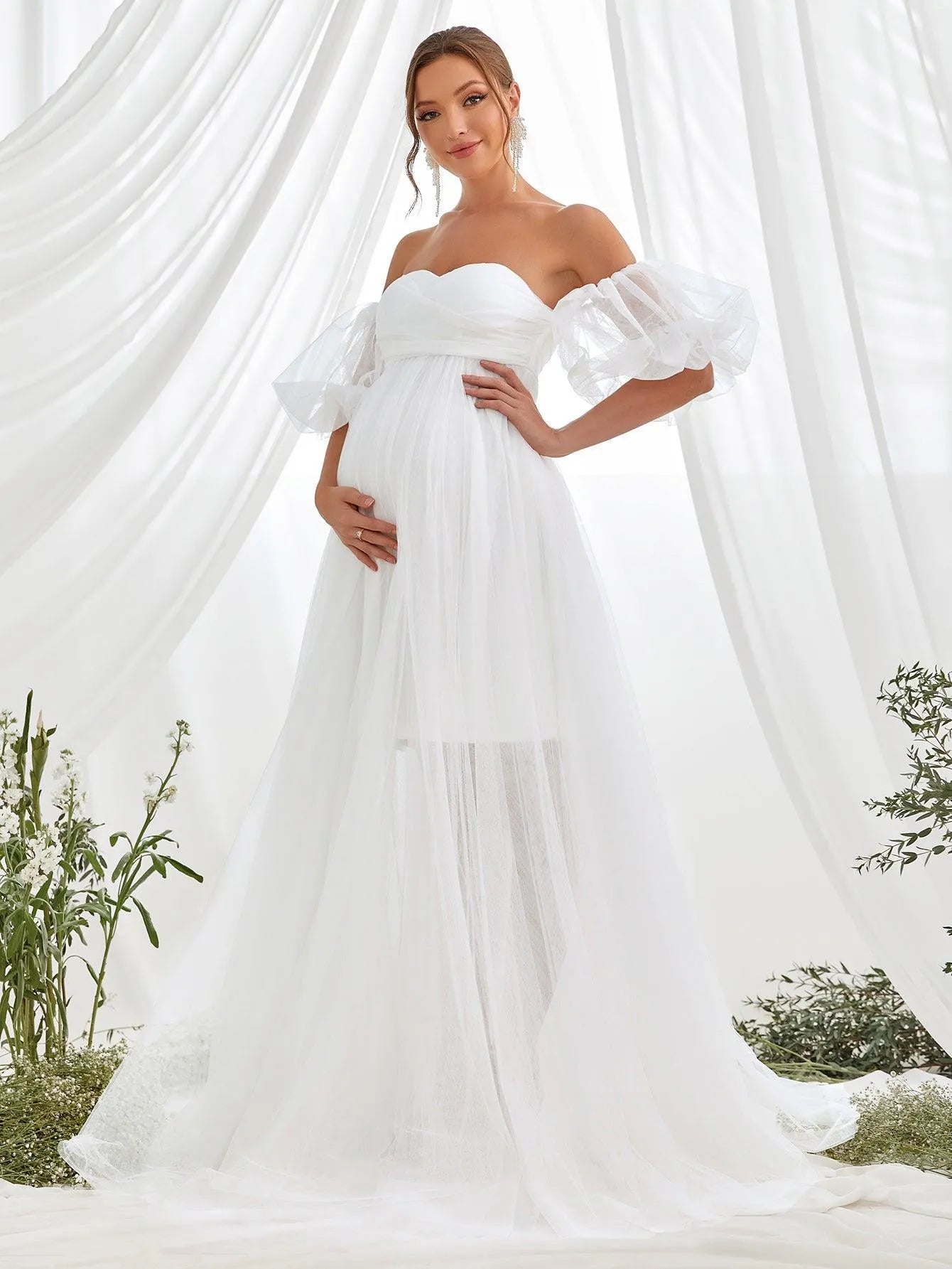 Maternity Off Shoulder Puff Sleeve Mesh Overlay Dress