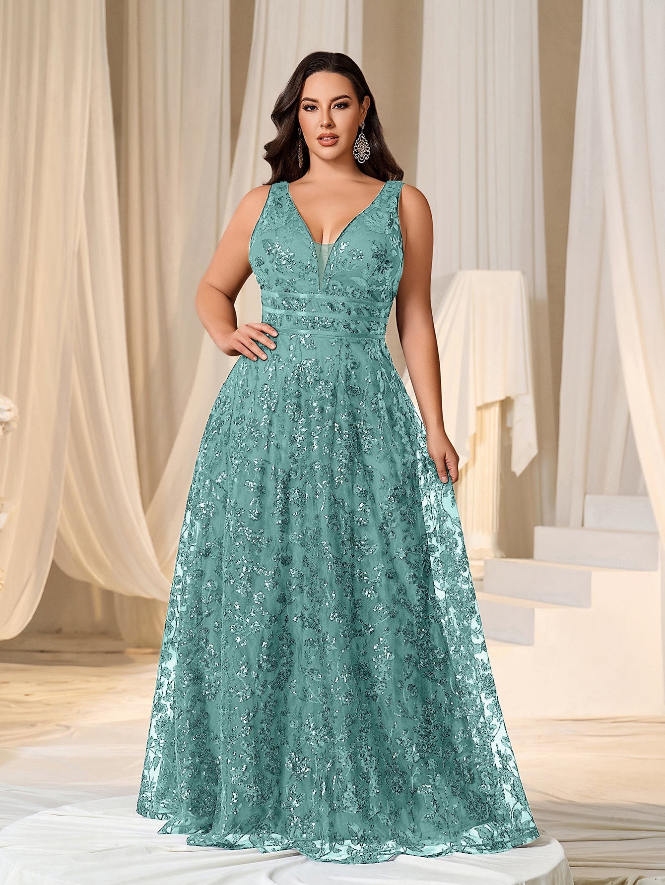 Plus Plunging Meck Backless Floral Sequin Prom Dress