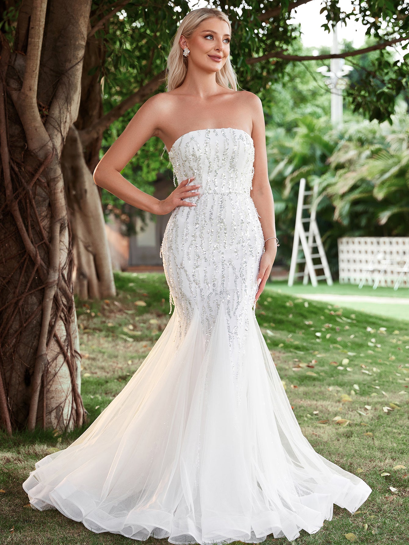 Mesh Insert Mermaid Hem Sequin Tube Wedding Dresses