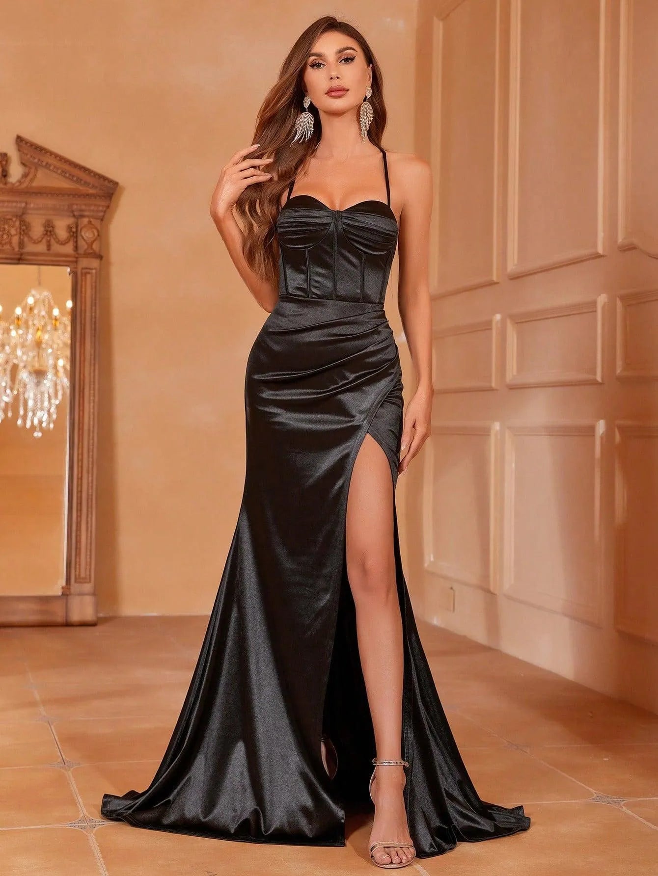 Ruched Bustier Wrap Hem Satin Cami Party Dress