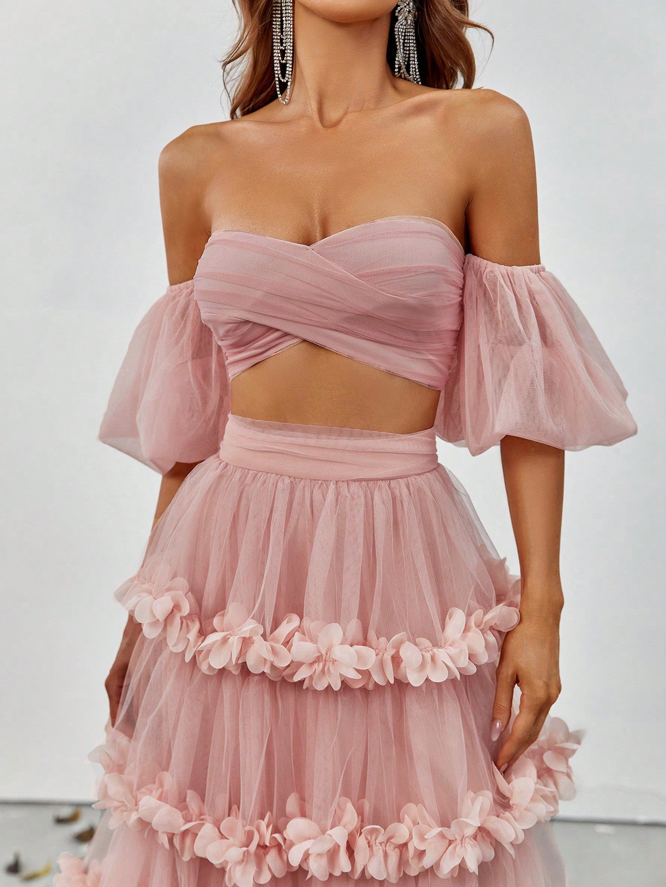 Off Shoulder Puff Sleeve Crop Top & Frill Trim Mesh Skirt