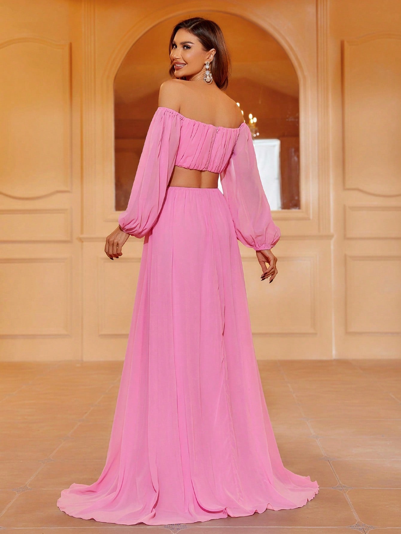 Off Shoulder Lantern Sleeve Crop Top & Split Thigh Skirt