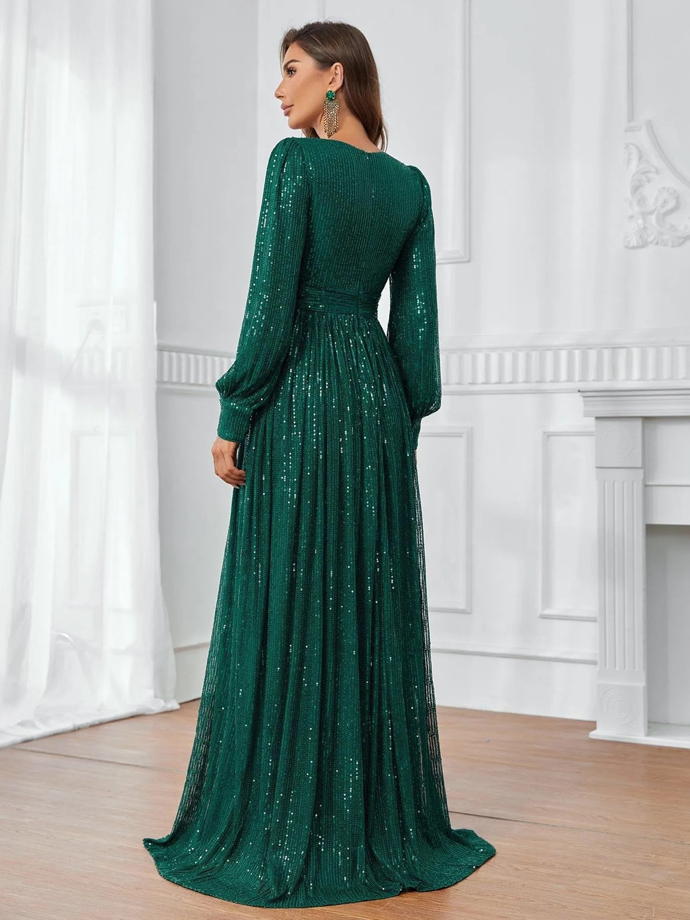 Elegant V Neck Lantern Sleeve Sequin Formal Dresses