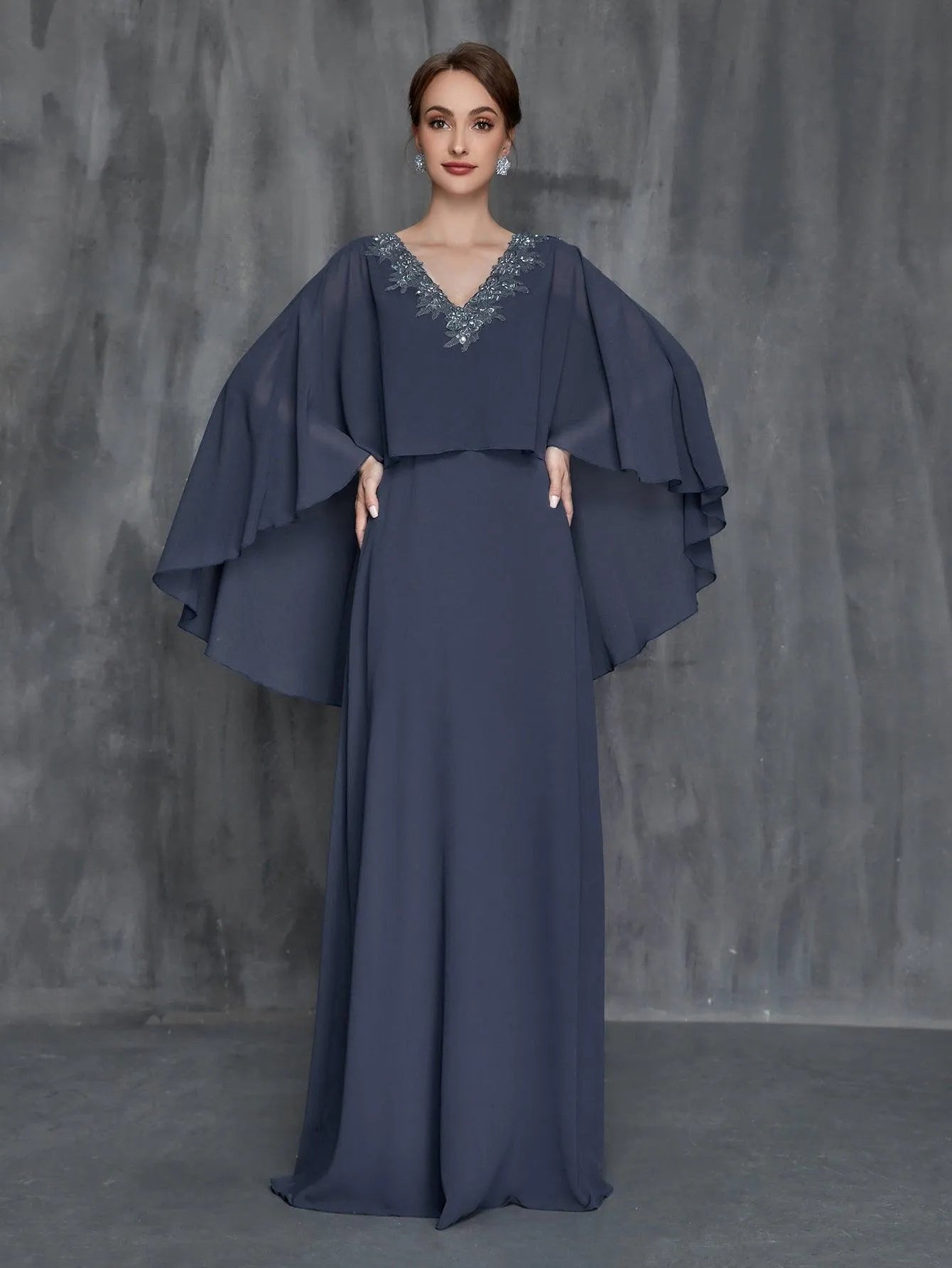 Womens' Solid Applique Detail V Neck Chiffon Cape Dress