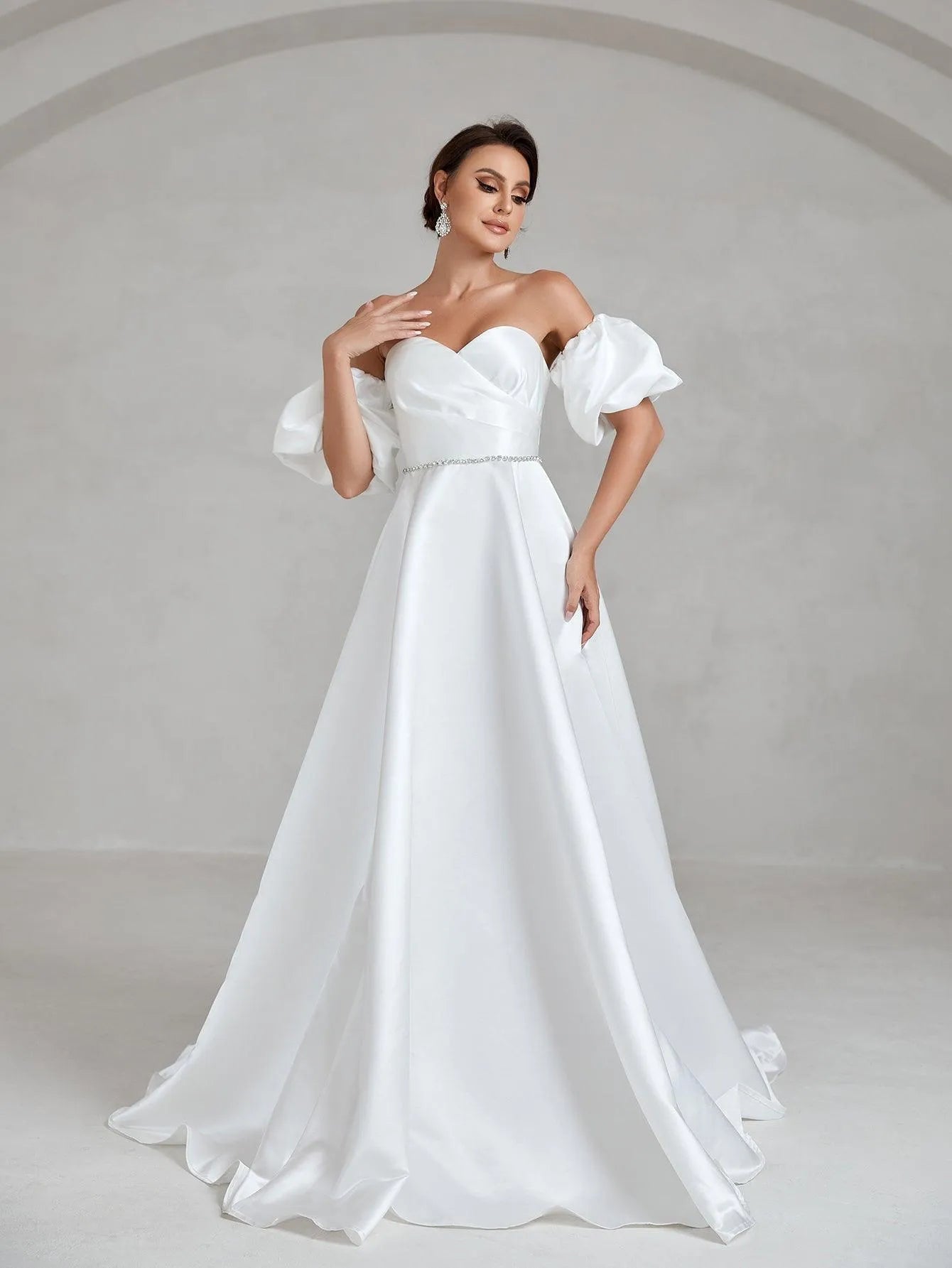 Puff Sleeve Rhinestone Waistband Satin Tube Wedding Dress