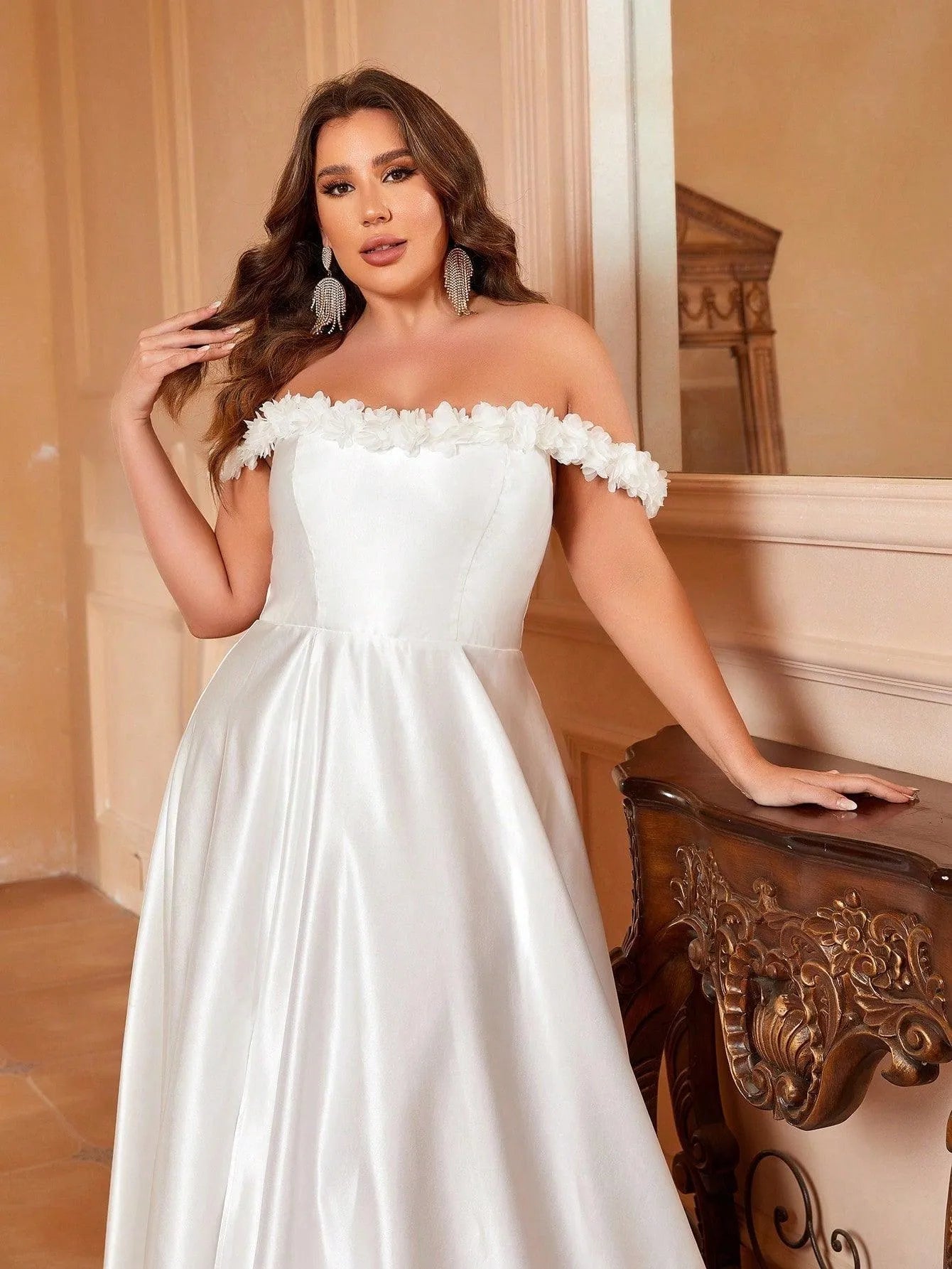 Plus Off Shoulder Floral Applique Satin Wedding Dress